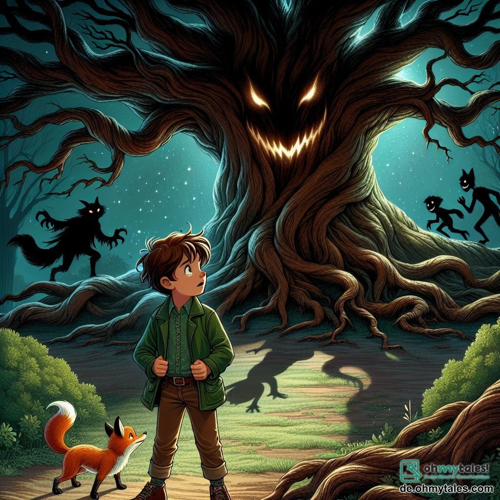 Une illustration sous forme de dessin destinée aux enfants représentant une mystérieuse clairière dans le sombre et envoûtant Schattenwald, où un garçon de 11 ans aux cheveux bruns en bataille, vêtu d'une veste verte et d'un pantalon en toile, se tient courageusement devant une majestueuse vieille chêne aux racines noueuses, tandis que des ombres menaçantes dansent autour de lui, symbolisant ses peurs, et un petit renard aux yeux brillants observe la scène avec curiosité, ajoutant une touche de magie à cet instant où le garçon se prépare à affronter ses angoisses pour réaliser son vœu.