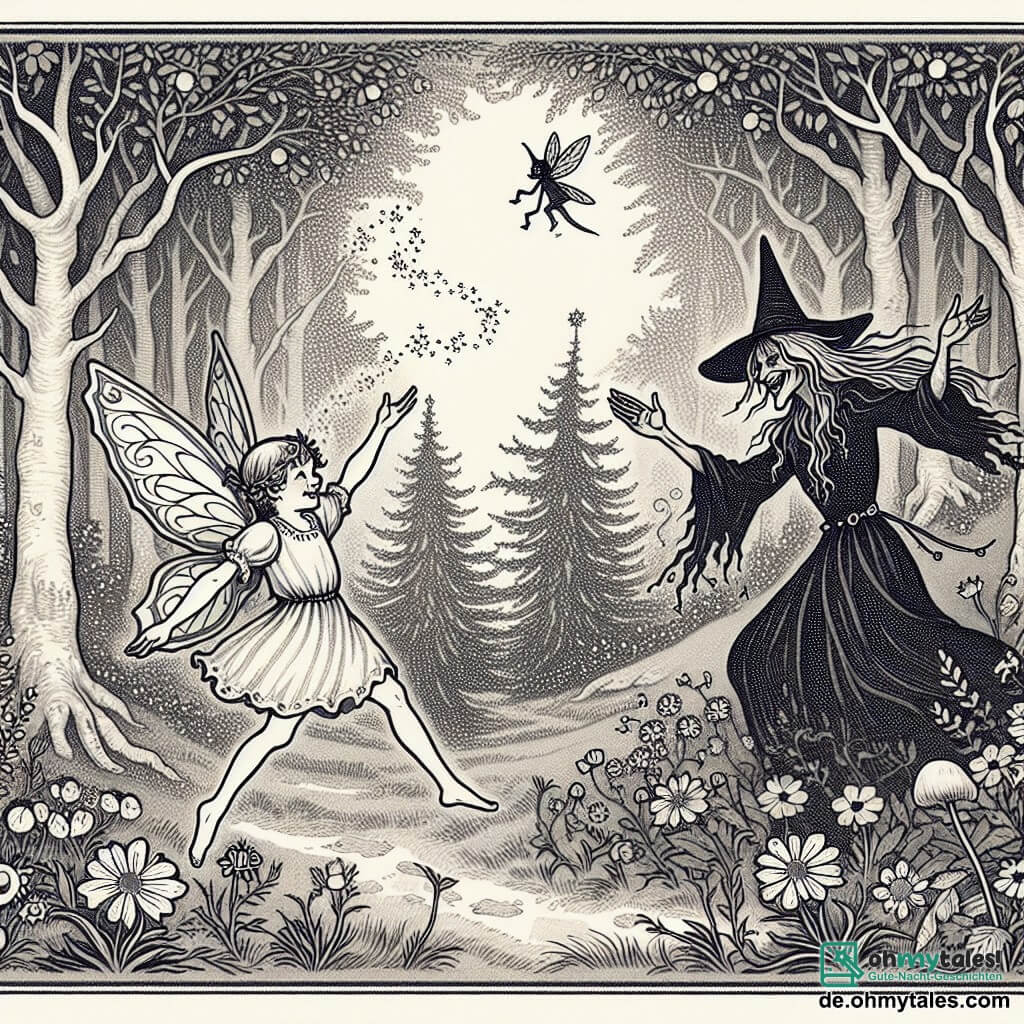 Une illustration destinée aux enfants représentant une jeune fée espiègle se trouvant face à une sorcière maléfique dans une forêt enchantée, où les arbres touchent le ciel et les fleurs dansent joyeusement au son d'un rire enchanteur.