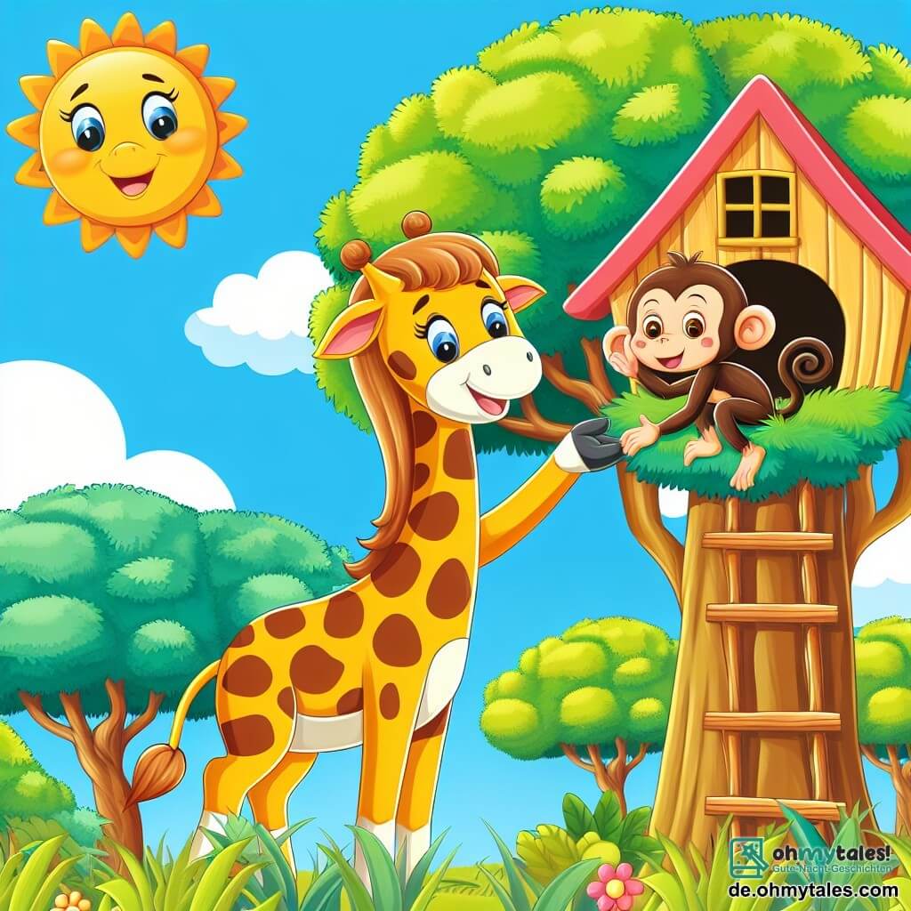Une illustration destinée aux enfants représentant une joyeuse girafe (fille) vivant dans un coloré arbre en forme de maison, aidant un petit singe (garçon) bloqué dans un arbre, au milieu d'une savane ensoleillée et verdoyante.
