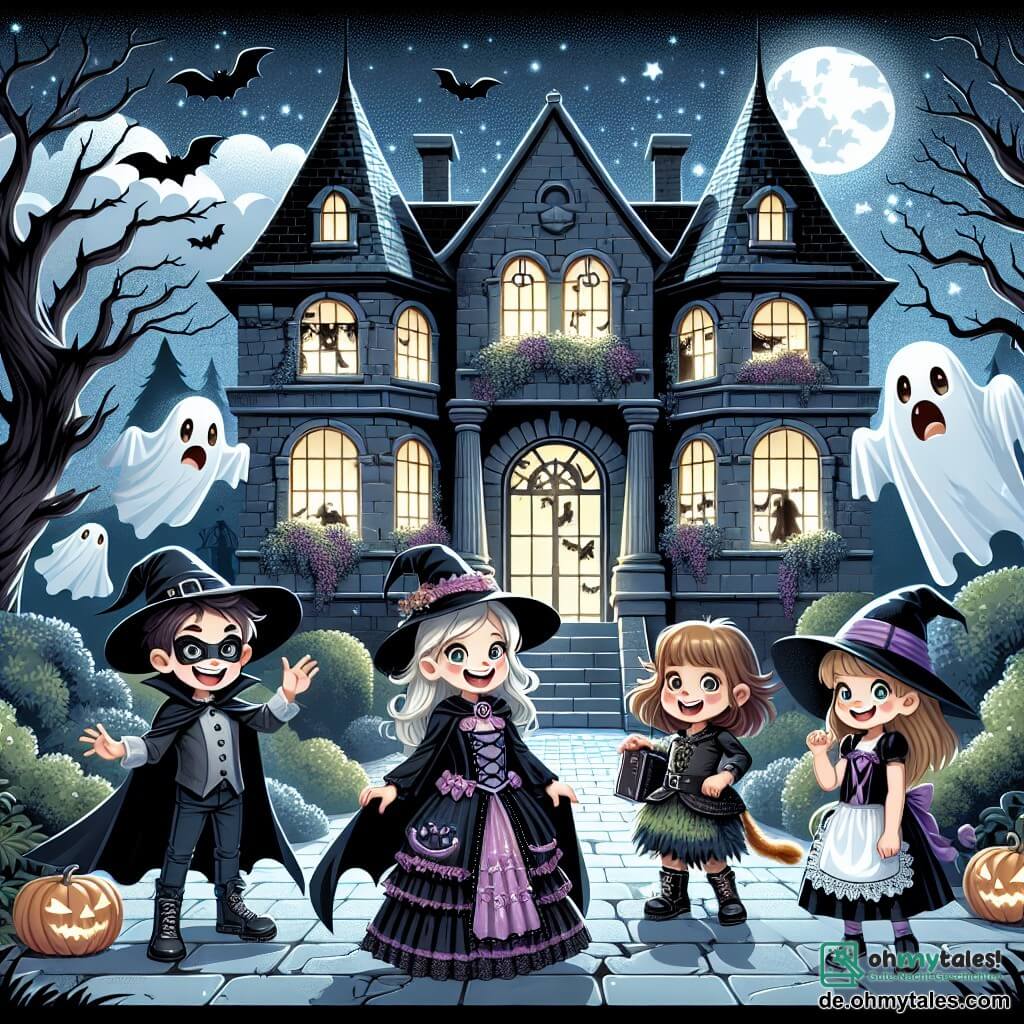 Illustration einer Halloween-Szene in einer alten, geheimnisvollen Villa. Die Villa ist von einem wilden Garten umgeben, mit verdrehten Bäumen und dornenbewehrten Sträuchern. Die Fenster sind zerbrochen und lassen Schatten in den dunklen Räumen erahnen, während ein sternenklarer Himmel und ein voller Mond die Atmosphäre erhellen. Im Vordergrund stehen vier Kinder zusammen: ein 10-jähriges Mädchen, das als Vampir mit einem schwarzen Umhang und spitzen Zähnen verkleidet ist und aufgeregt lächelt. Neben ihr steht ein 9-jähriges Mädchen, das als Hexe mit einem spitzen Hut und einem schwarzen Kleid verkleidet ist und mit leuchtenden Augen um sich blickt. Ein weiteres 10-jähriges Mädchen, das ein Katzenkostüm mit Ohren und Schwanz trägt, zeigt einen neugierigen Gesichtsausdruck. Schließlich versucht ein 9-jähriger Junge, der als Geist mit einem weißen Tuch verkleidet ist, seine Freundinnen zum Schrecken zu bringen, während er lacht. Die Hauptsituation zeigt die Kinder, die in die Villa eintreten, ihre Gesichter von den Lichtern ihrer Taschenlampen erleuchtet, während sie Halloween-Dekorationen wie Spinnweben und geschnitzte Kürbisse entdecken. Im Hintergrund tanzen Schatten an den Wänden und verleihen der Szene eine geheimnisvolle Note. Sterne funkeln am Himmel, und eine leichte Brise lässt die Blätter rascheln, was eine gleichzeitig gruselige und fröhliche Stimmung schafft.
