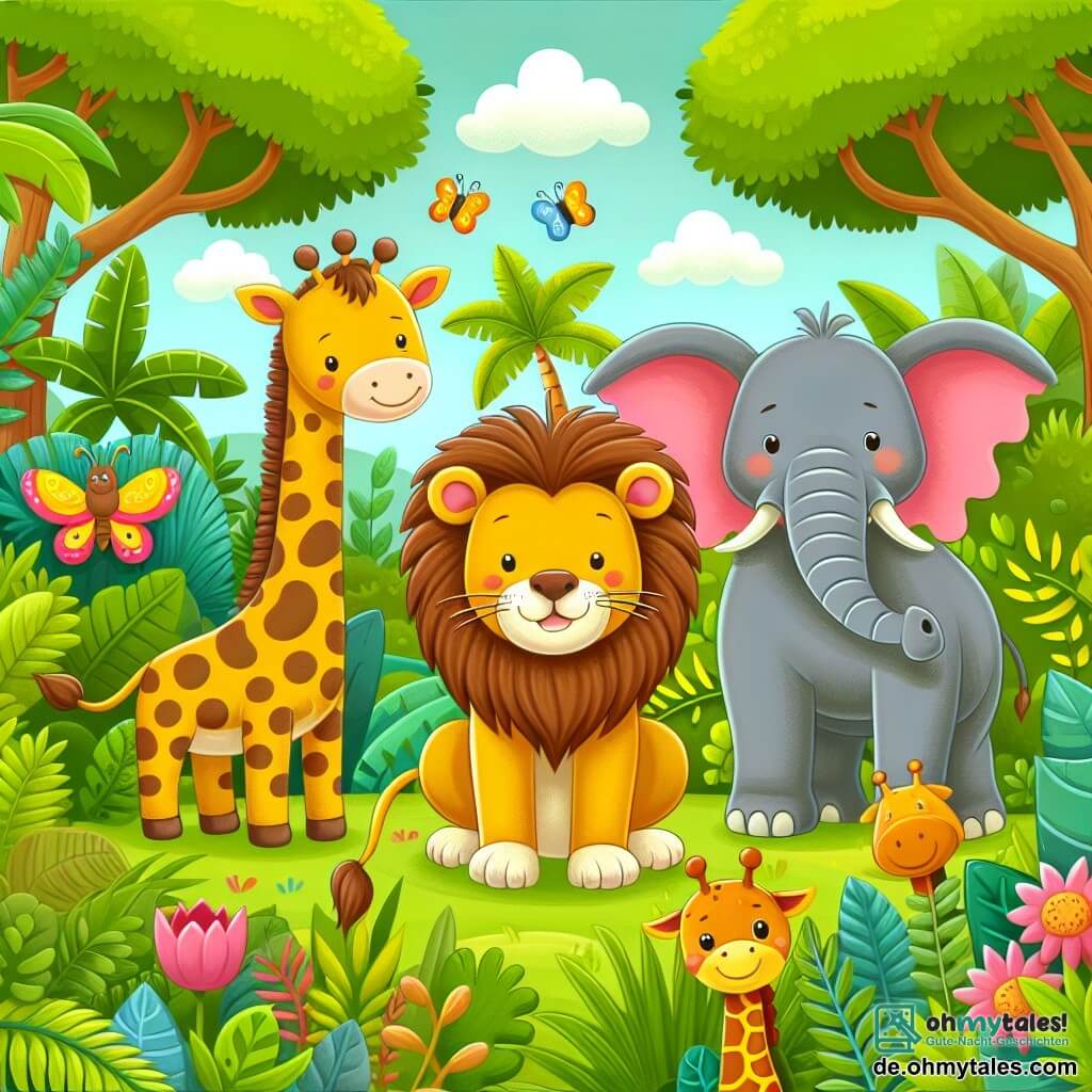 Une illustration destinée aux enfants représentant un lion courageux, une girafe joyeuse et un éléphant amical dans le cœur d'un luxuriant et coloré jungle.