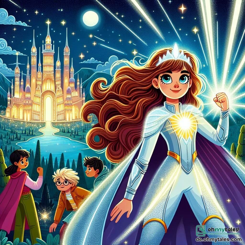 Une illustration sous forme de dessin destinée aux enfants représentant une ville fantastique aux tours scintillantes sous un ciel étoilé, avec une super-héroïne aux longs cheveux ondulés et brillants, vêtue d'un costume lumineux, émettant des rayons de lumière pour repousser des ombres menaçantes, tandis qu'un groupe de jeunes héros, dont une fille aux yeux pétillants et un garçon aux cheveux ébouriffés, l'observe avec admiration, tous unis pour défendre leur ville contre une menace mystérieuse.