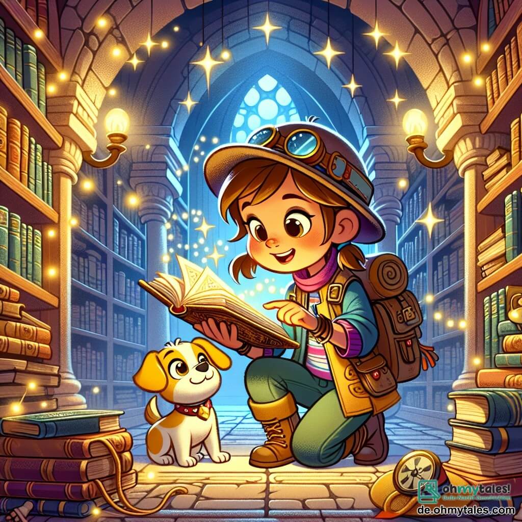 Une illustration sous forme de dessin destinée aux enfants représentant une ancienne bibliothèque mystérieuse, avec de hauts rayonnages en bois remplis de livres poussiéreux et des lumières scintillantes, où une jeune exploratrice aux cheveux bruns, portant une veste colorée et un chapeau d'aventurière, feuillette un vieux livre avec un regard émerveillé, tandis qu'à ses pieds, un petit chien jaune aux yeux pétillants, fidèle compagnon, l'observe avec curiosité, alors qu'un passage secret s'ouvre derrière eux, laissant entrevoir des étoiles brillantes et des objets magiques, symbolisant leur quête d'aventure et de découvertes.