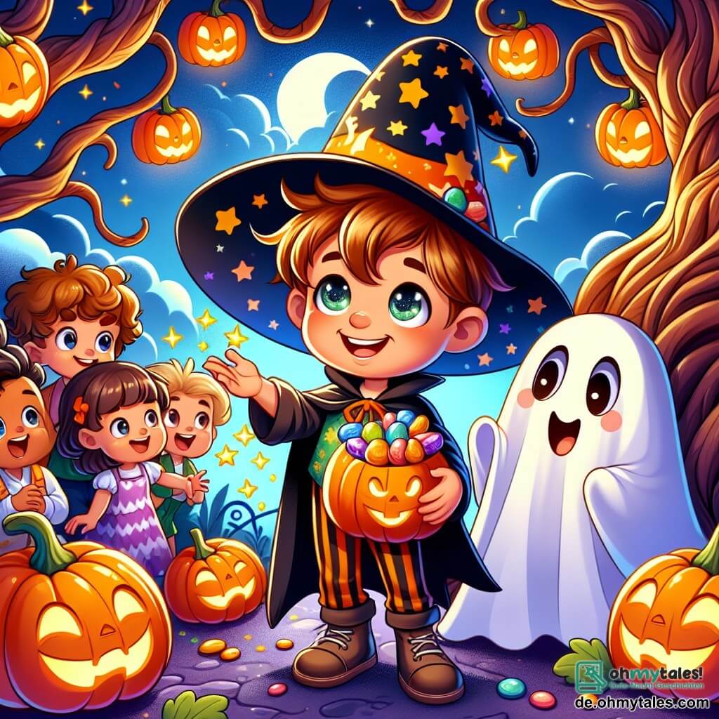 Une illustration sous forme de dessin destinée aux enfants représentant un parc d'Halloween illuminé par des lanternes en forme de citrouille, où un garçon de 5 ans, aux cheveux châtains et aux yeux pétillants, vêtu d'un costume de petit sorcier avec un grand chapeau étoilé, sourit en tenant une poignée de bonbons colorés, tandis qu'à ses côtés, une fille de 5 ans déguisée en fantôme avec un drap blanc et des yeux rieurs l'encourage à explorer un grand arbre aux branches tordues, où un groupe d'enfants joyeux cherche des friandises cachées, créant une atmosphère festive et magique pleine de rires et d'aventures.