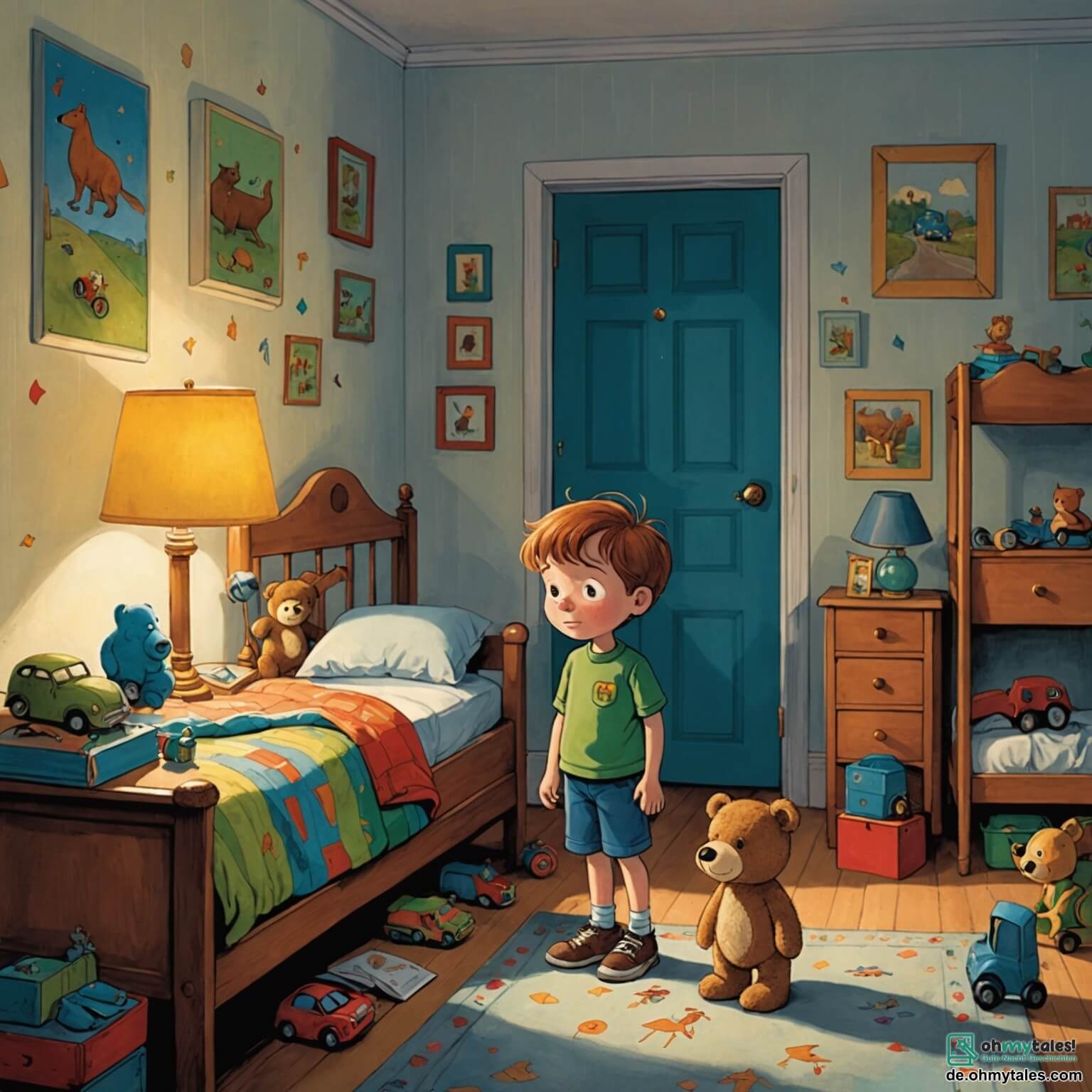 Une illustration destinée aux enfants représentant un petit garçon aux cheveux châtains, aux yeux pétillants de curiosité, qui se tient dans sa chambre aux murs ornés de dessins colorés d'animaux et de voitures, face à l'ombre inquiétante projetée par la lumière de son petit lampadaire, tandis qu'à ses côtés, son fidèle ami en peluche, un ours en peluche doux et réconfortant, l'encourage à surmonter sa peur du noir, dans un décor où les étoiles scintillent à travers la fenêtre, illuminant doucement la pièce.