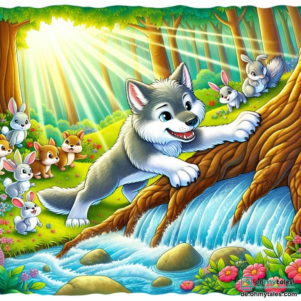 Une illustration sous forme de dessin destinée aux enfants représentant une clairière ensoleillée dans un forêt enchantée, où un loup au pelage doux et argenté, aux yeux brillants de détermination, pousse de toutes ses forces une énorme racine d'arbre pour dégager un ruisseau bloqué, tandis qu'un groupe de petits animaux, dont des lapins aux grandes oreilles et des écureuils aux queues touffues, l'encouragent avec des expressions d'admiration et d'espoir, le tout entouré de fleurs colorées et de rayons de lumière filtrant à travers les feuilles.