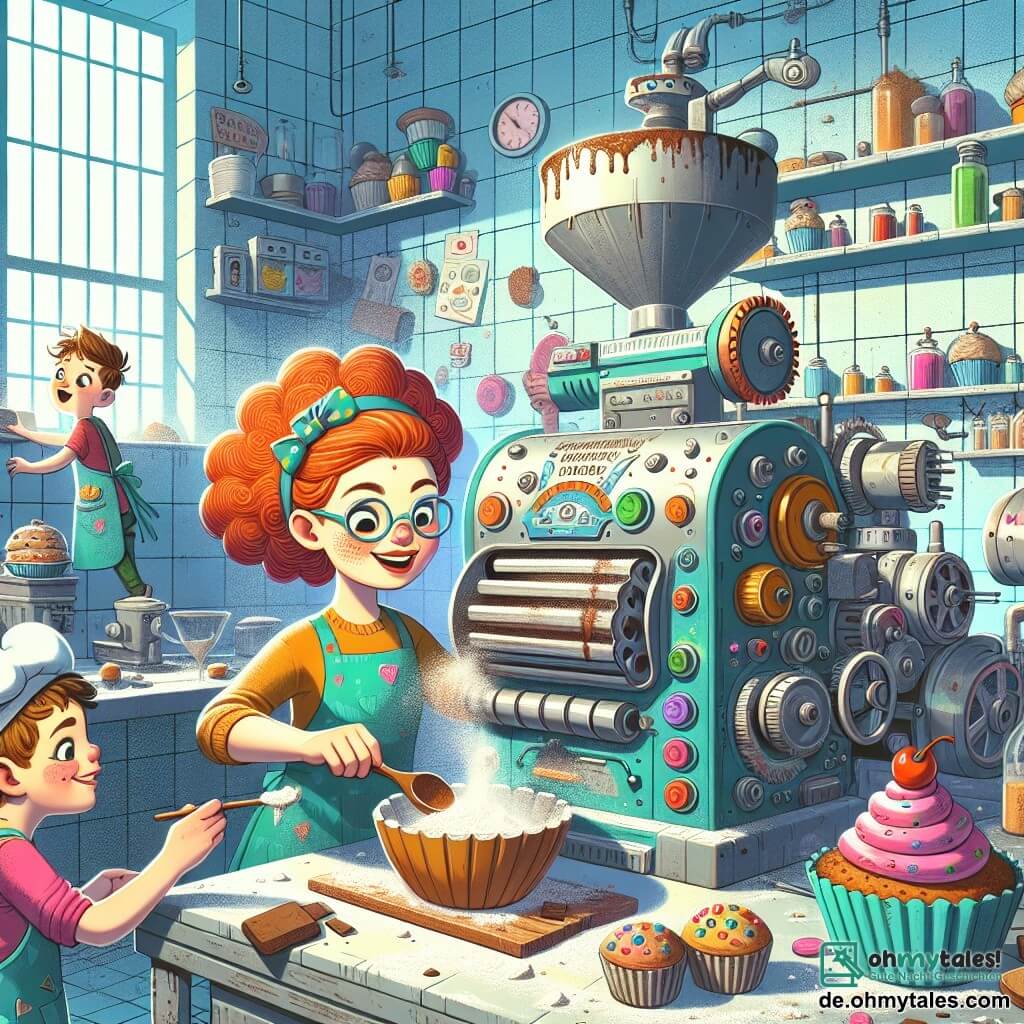 Illustration einer lebhaften Szene in einer bunten und chaotischen Küche, gefüllt mit seltsamen Maschinen und verrückten Gadgets. Die Wände sind himmelblau gestrichen und Regale quellen über mit bunten Zutaten, während sanftes Licht den Raum erhellt. Im Mittelpunkt steht eine junge Frau mit lockigem, rotem Haar, die eine Schürze mit Cupcake-Muster trägt und sich über eine komplexe Maschine, den "Muffin-Master 3000", beugt. Sie trägt runde Brillen und hat ein breites Lächeln im Gesicht, ihre Hände sind voller Mehl und Schokolade, während sie begeistert einen Knopf an der Maschine einstellt. Neben ihr schauen zwei Kinder, ein etwa 8-jähriger Junge mit zerzausten braunen Haaren und einer rückwärts getragenen Mütze, sowie ein 7-jähriges Mädchen mit blonden Zöpfen und einem bunten T-Shirt, mit weit aufgerissenen Augen auf die Maschine. Der Junge hält einen Holzlöffel und ist bereit zu kosten, während das Mädchen auf eine Wolke Mehl zeigt, die aus der Maschine entweicht. Die Szene fängt die Aufregung und den fröhlichen Chaos des Schaffens ein, mit Muffins, die im Ofen backen, Teigspritzern auf dem Boden und Dampfbällen, die aus der Maschine aufsteigen, was eine verspielte und dynamische Atmosphäre schafft.