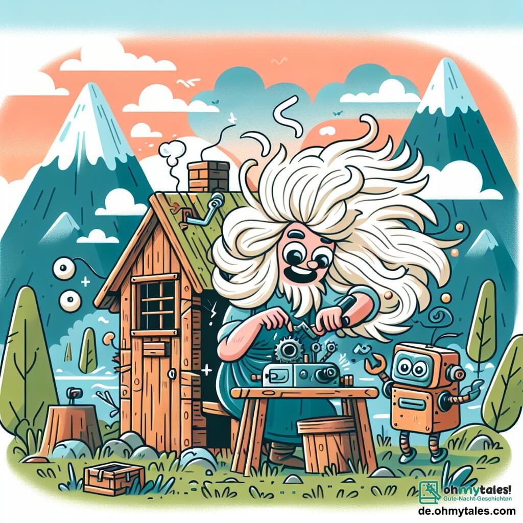 Une illustration destinée aux enfants représentant une femme inventrice aux cheveux sauvages, créant une machine farfelue dans sa petite maison de montagne, avec un robot maladroit comme personnage secondaire.