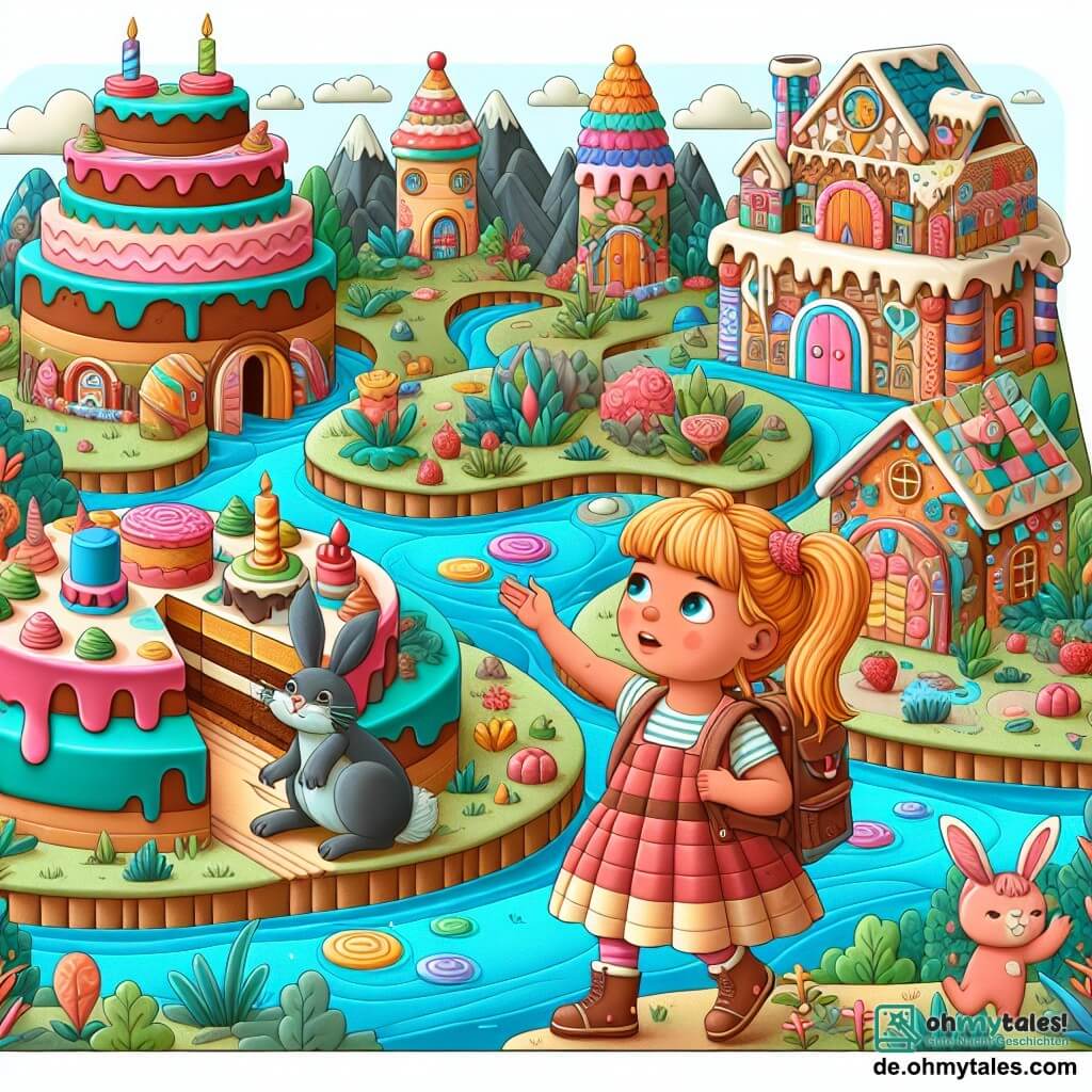 Une illustration destinée aux enfants représentant une fillette se retrouvant dans un monde où les objets prennent vie, accompagnée d'un lapin parlant, dans un paysage coloré et magique composé de maisons en forme de gâteaux et de rivières de chocolat.