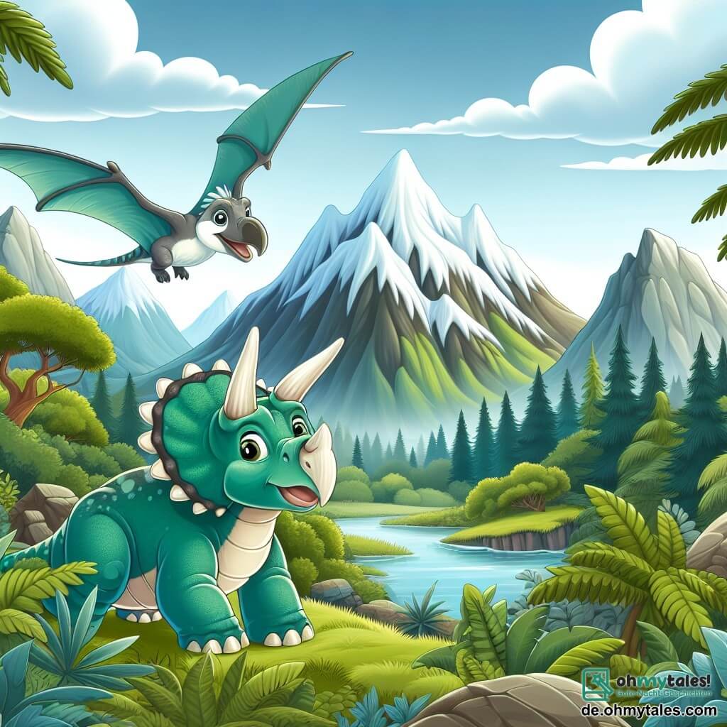 Une illustration destinée aux enfants représentant un jeune tricératops courageux se trouvant dans un mystérieux vallon luxuriant, accompagné d'une gentille ptéranodon femelle, volant au-dessus des sommets enneigés.