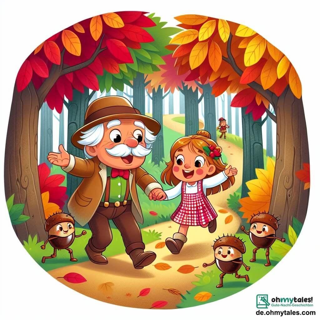 Une illustration destinée aux enfants représentant une petite fille enthousiaste, un vieil homme gentil, des arbres aux feuilles rouge, jaune et orange, un chemin forestier sinueux et des kastanienmännchen joyeux dans un bois enchanté en automne.