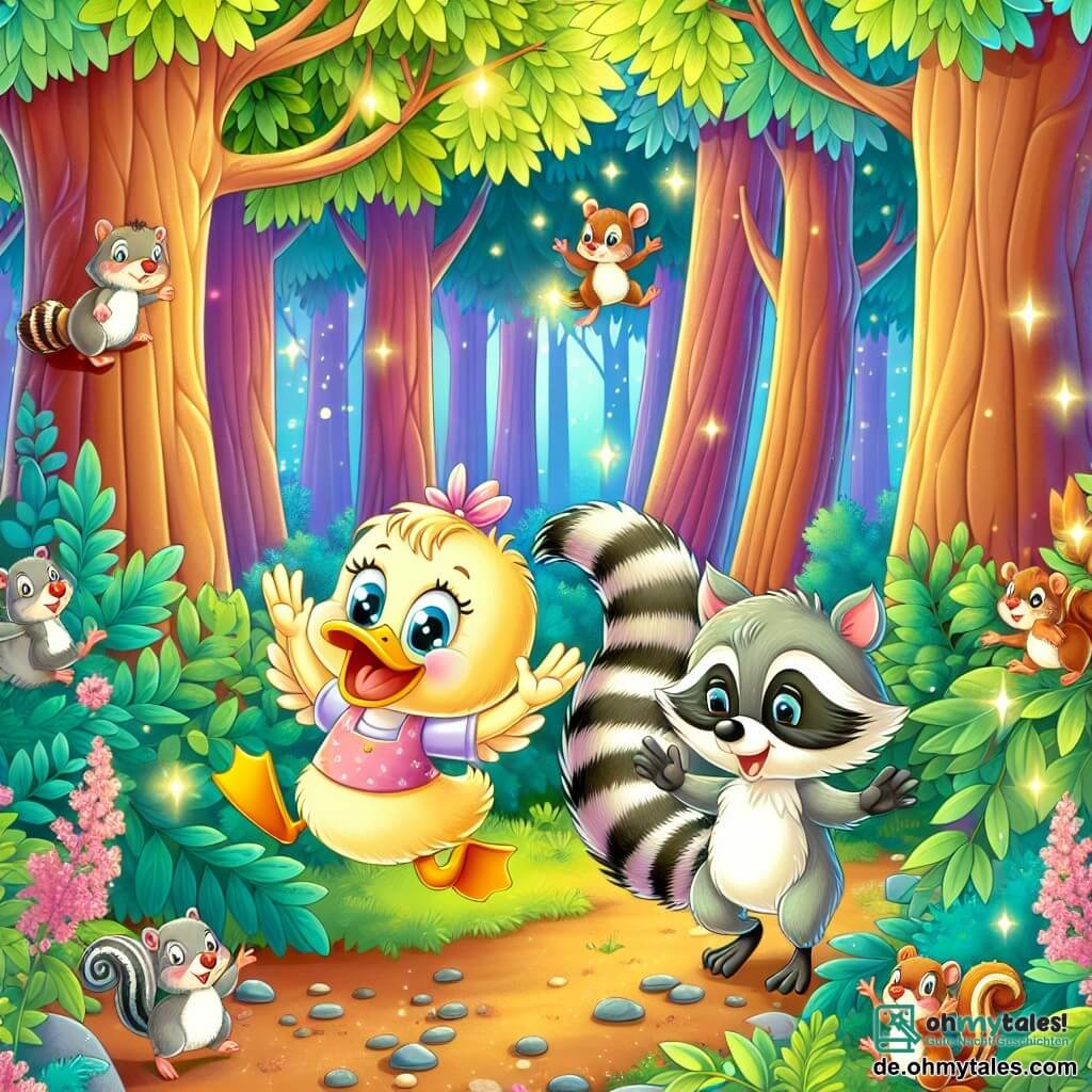Une illustration destinée aux enfants représentant une petite canne joyeuse se perdant dans une forêt enchantée, accompagnée de son frère, un malicieux raton laveur, entourés de grands arbres aux feuilles chatoyantes et d'adorables écureuils espiègles, dans un décor de vives couleurs et de magie.