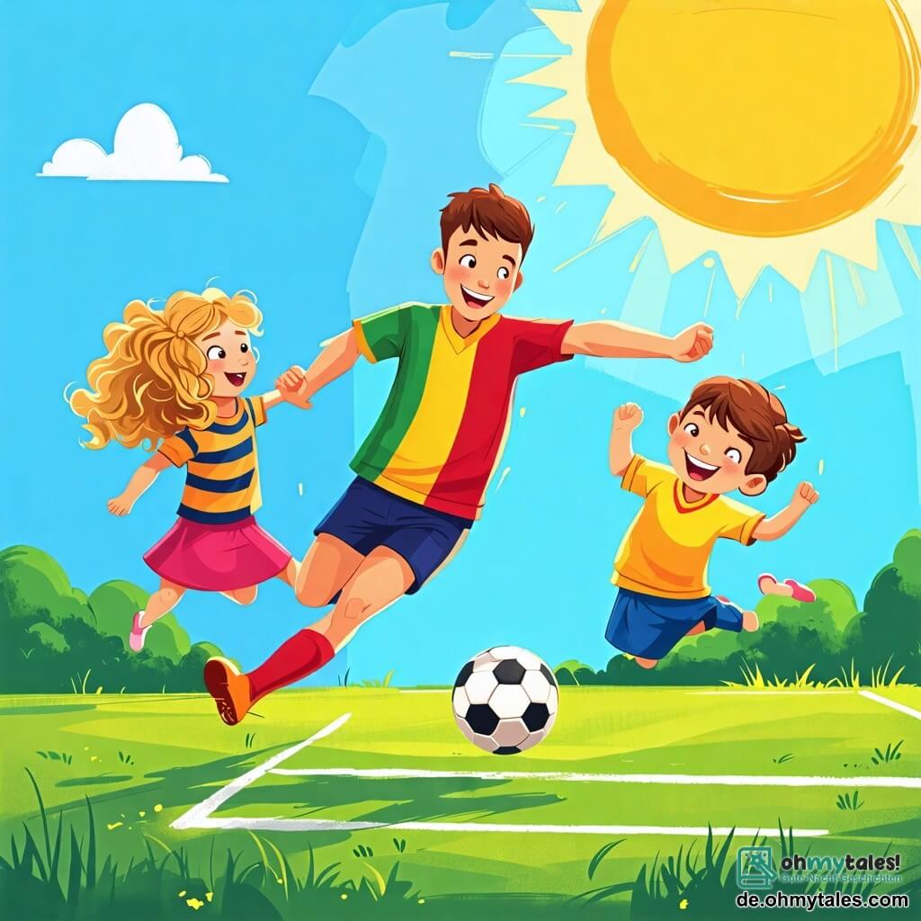 Une illustration sous forme de dessin destinée aux enfants représentant un terrain de football verdoyant sous un ciel bleu ensoleillé, avec un homme athlétique aux cheveux bruns et courts, vêtu d'un maillot coloré et de shorts, en train de dribbler un ballon de football avec un grand sourire, tandis que deux enfants, une fille aux cheveux blonds et bouclés, et un garçon aux cheveux châtains, sautent de joie en l'encourageant, tous les trois partageant un moment de bonheur et d'excitation autour du jeu.
