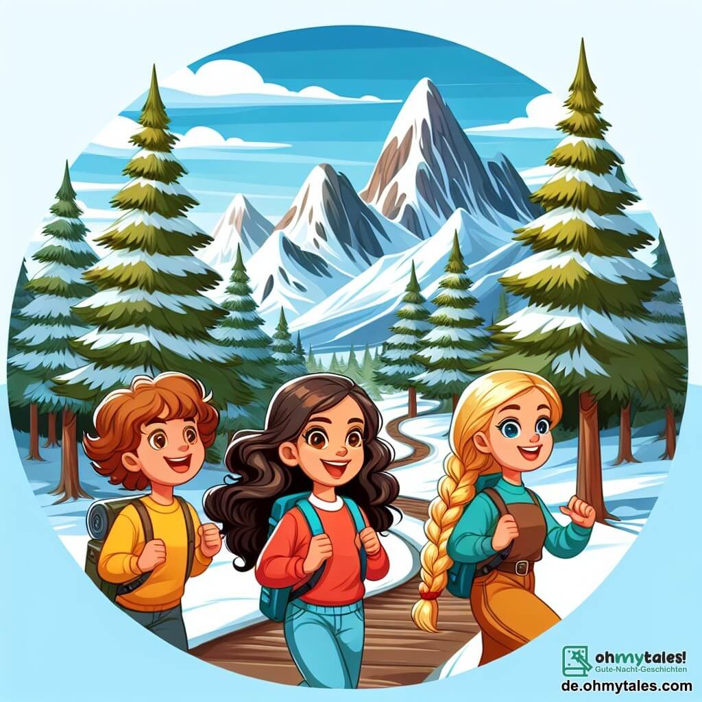 Une illustration destinée aux enfants représentant une petite fille aux boucles brunes, accompagnée de ses amis, un garçon au sourire chaleureux et une fille aux longues tresses blondes, explorant un sentier sinueux bordé de grands arbres majestueux et menant vers des montagnes enneigées.