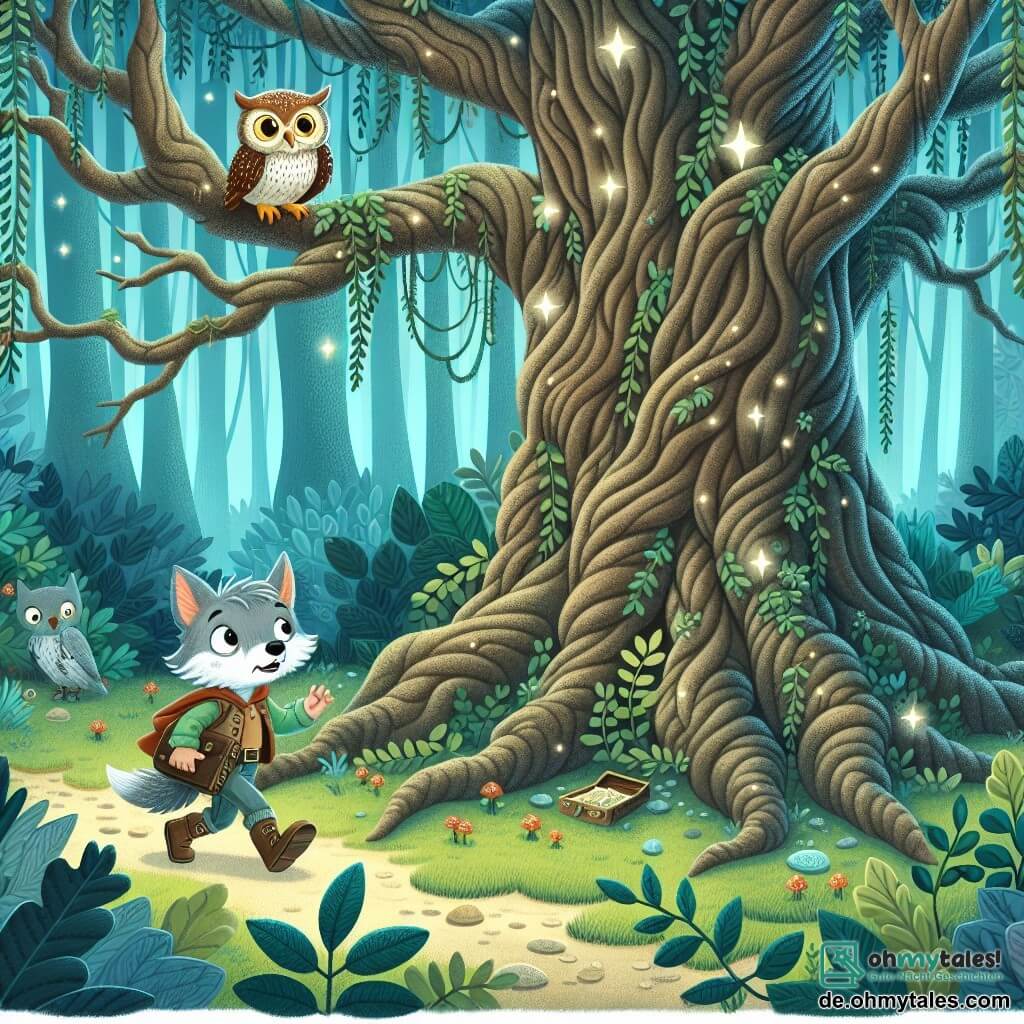 Une illustration destinée aux enfants représentant un petit loup garçon, perdu dans la forêt, accompagné de son amie la chouette, cherchant désespérément un trésor sous un vieux arbre majestueux aux branches tordues et feuilles chatoyantes.