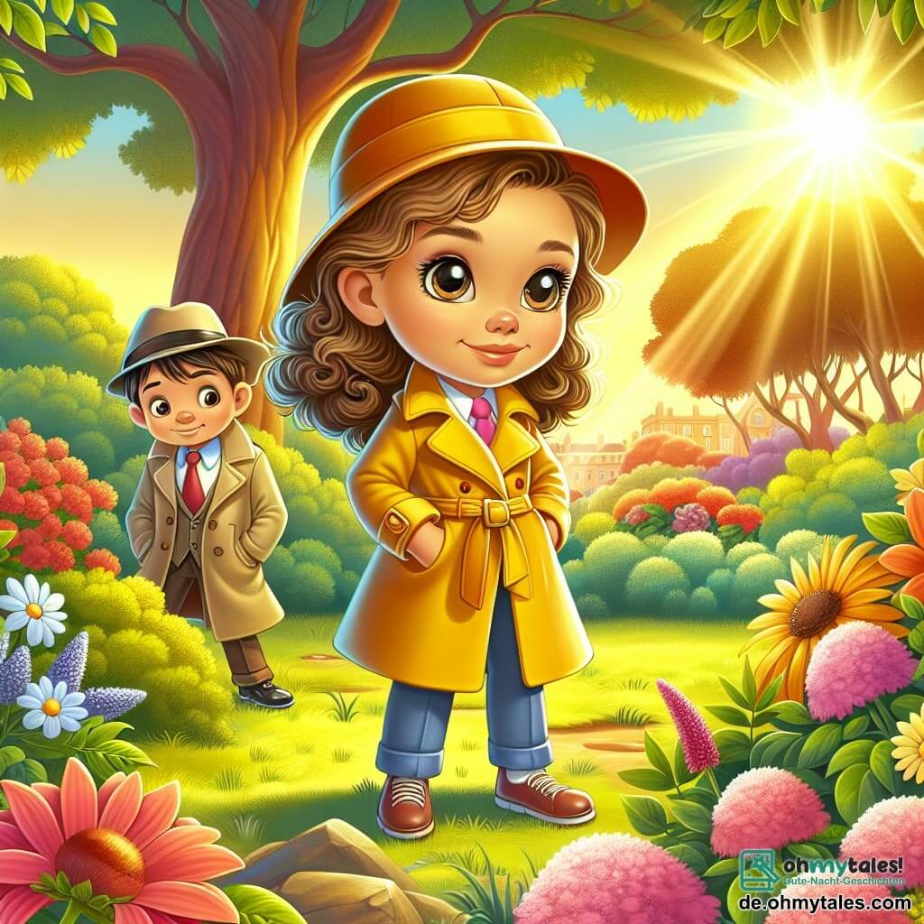 Une illustration destinée aux enfants représentant une petite fille aux cheveux bouclés et aux yeux pétillants, vêtue d'un trench-coat jaune vif, se tenant au milieu d'un parc ensoleillé rempli de fleurs colorées et d'arbres majestueux, où elle enquête sur un mystérieux trésor caché, accompagnée de son meilleur ami, un garçon au chapeau de détective, tout en scrutant le sol à la recherche d'indices.