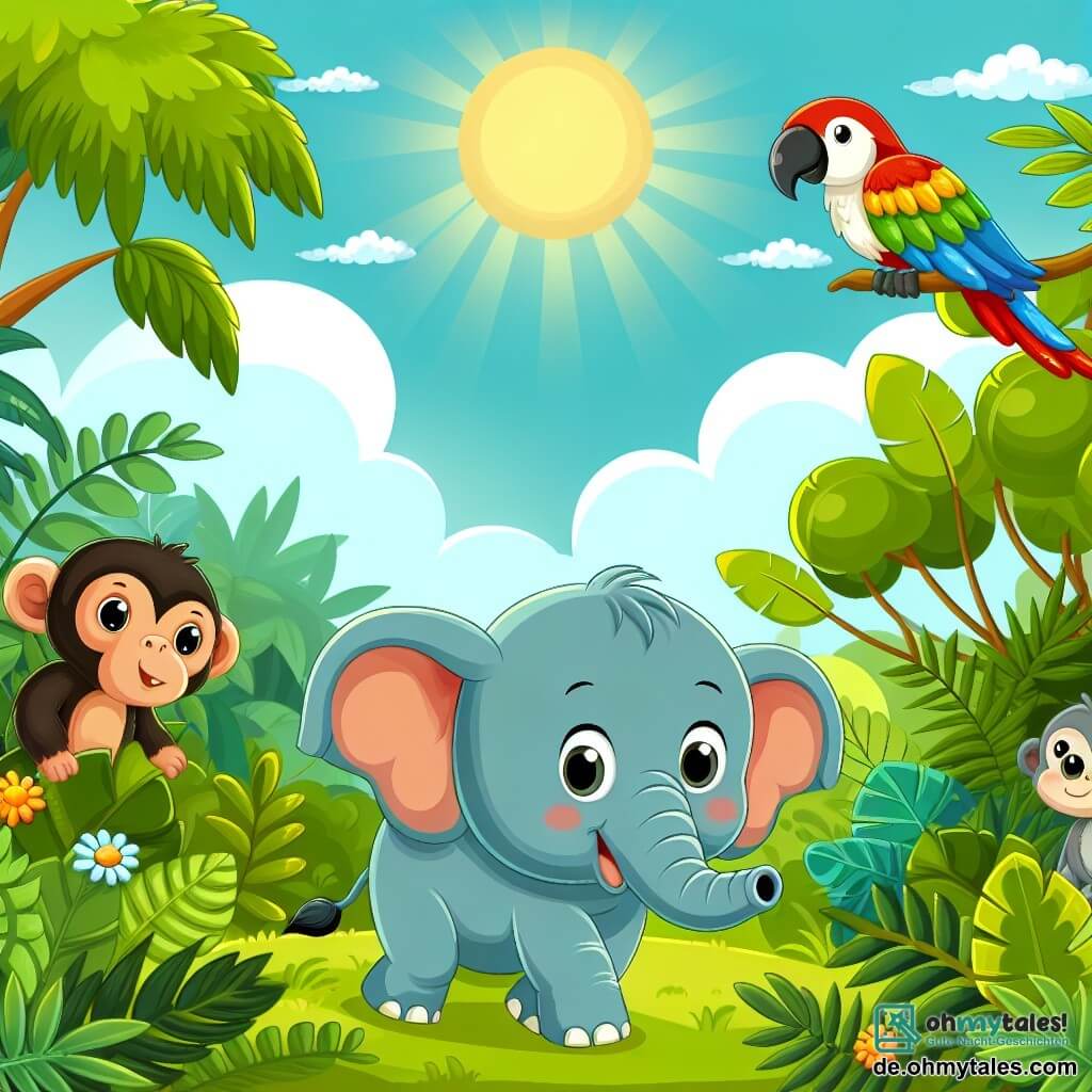 Une illustration destinée aux enfants représentant un jeune éléphant garçon, accompagné d'un papagei coloré et d'un singe espiègle, explorant un luxuriant et dense jungle tropicale sous un ciel bleu azur et un soleil éclatant.