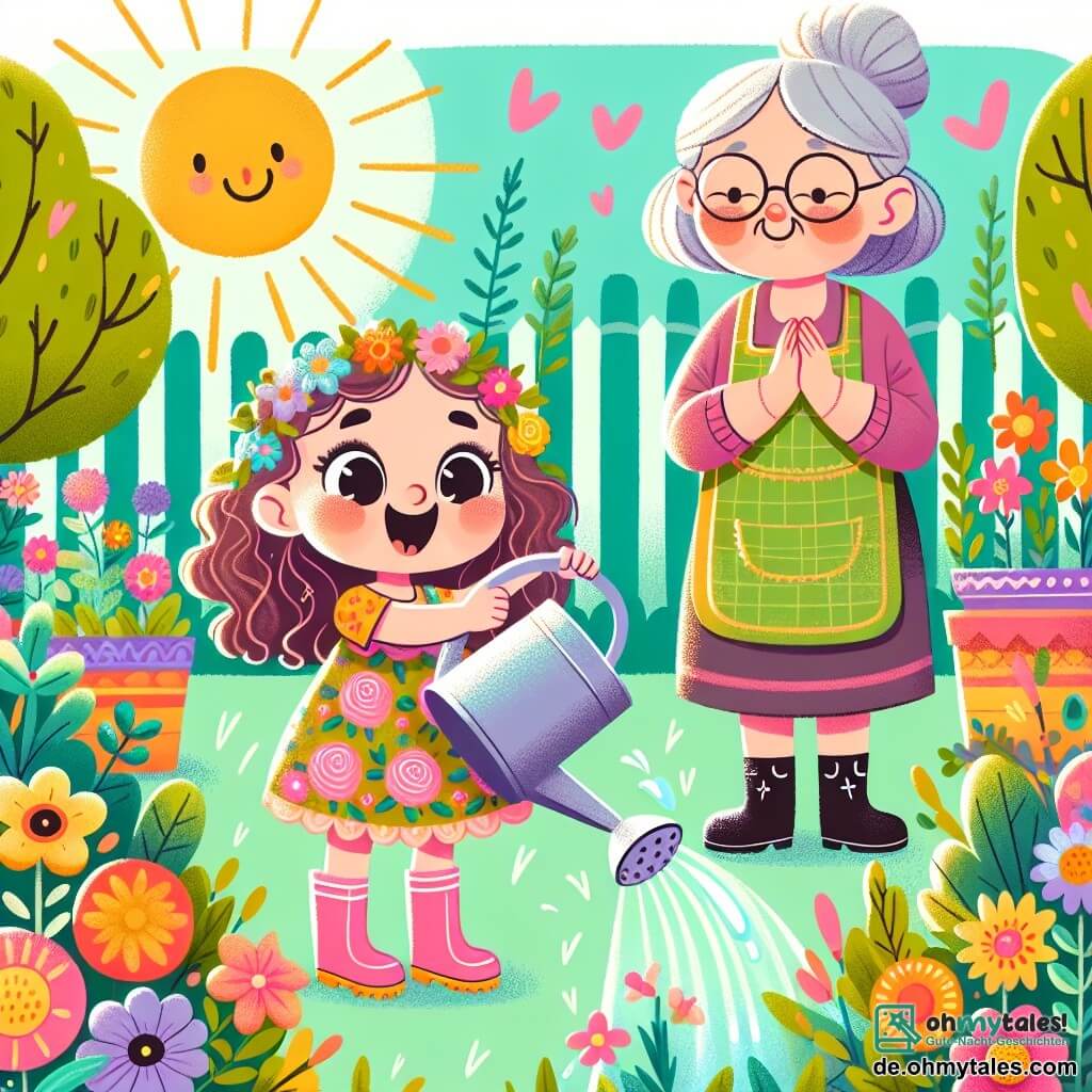 Une illustration sous forme de dessin destinée aux enfants représentant un jardin coloré et ensoleillé, rempli de fleurs éclatantes et de verdure luxuriante, où une petite fille de 3 ans aux cheveux bouclés et aux yeux pétillants, vêtue d'une robe à fleurs et de gummistiefel, arrose joyeusement les plantes avec une grande gießkanne, tandis qu'une gentille grand-mère aux cheveux gris et au sourire bienveillant, portant un tablier, l'observe avec fierté, soulignant l'importance de prendre soin de la nature et de ses merveilles.