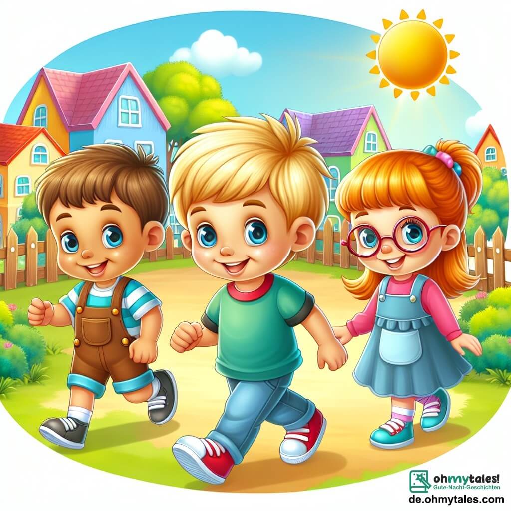 Une illustration destinée aux enfants représentant un petit garçon blond aux yeux bleus, accompagné d'un garçon brun et d'une fille rousse portant une paire de lunettes, jouant ensemble dans un village ensoleillé avec des maisons colorées et un grand parc verdoyant.