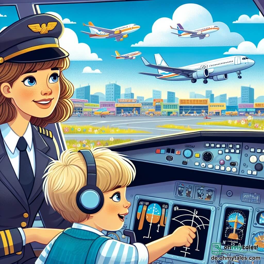 Une illustration destinée aux enfants représentant une jeune femme pilote d'avion, accompagnée de son fils et de sa fille, découvrant le cockpit d'un avion dans un aéroport animé, avec des avions colorés décollant et atterrissant en arrière-plan, sous un ciel bleu parsemé de nuages blancs cotonneux.