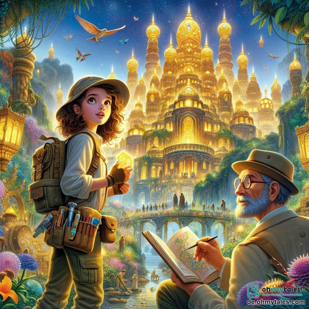 Illustration einer fesselnden Szene in einer alten, verlorenen Stadt, Lumenia, wo majestätische Gebäude, geschmückt mit funkelnden Edelsteinen, unter der Sonne strahlen. Goldene Türmchen ragen in den Himmel, umgeben von üppiger Vegetation und bunten Blumen, die der Umgebung einen Hauch von Magie verleihen. Im Mittelpunkt des Bildes steht eine mutige junge Frau mit lockigem, braunem Haar, die einen Rucksack voller Erkundungswerkzeuge trägt. Sie ist in ein Abenteuer-Outfit gekleidet, mit Cargo-Hosen und einem langärmeligen Hemd, und sie schaut mit Staunen auf die alten Ruinen vor ihr, während sie eine Karte in den Händen hält. An ihrer Seite beobachtet ein älterer Mann, etwa sechzig Jahre alt, mit runden Brillen und grauem Bart, fasziniert die Stadt. Er trägt einen Wissenschaftlerhut und eine Jacke mit vielen Taschen, in denen sich verschiedene Messinstrumente befinden. Die Hauptsituation zeigt die junge Frau, die die verlorene Stadt entdeckt, während der ältere Mann Notizen in ein Notizbuch macht, beide erkennen die Bedeutung ihrer Entdeckung. Im Hintergrund fliegen bunte Vögel über die Gebäude, und ein leichter Wind lässt die Blätter der Bäume tanzen, was der Szene eine Atmosphäre von Abenteuer und Geheimnis verleiht.