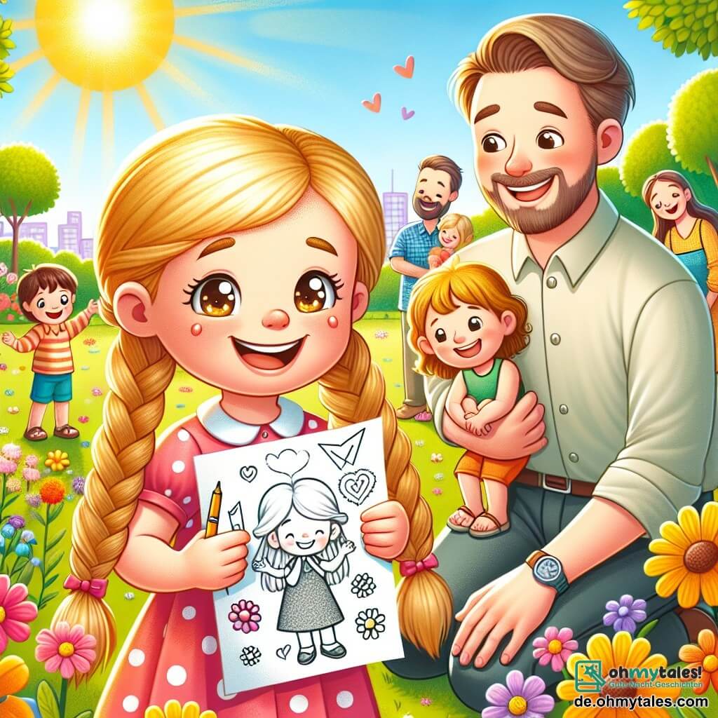 Une illustration sous forme de dessin destinée aux enfants représentant un parc ensoleillé, rempli de fleurs colorées et de rires d'enfants, où une petite fille de 5 ans aux cheveux blonds en tresse, avec de grands yeux pétillants, tient fièrement un dessin et une lettre dans ses mains, tandis qu'un homme souriant, son père, aux cheveux bruns et à la barbe légère, la regarde avec admiration et tendresse, entourés d'autres familles qui s'amusent ensemble pour célébrer la fête des pères.