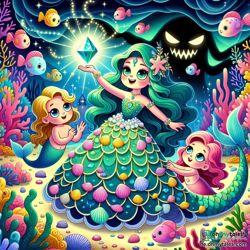 Une illustration sous forme de dessin destinée aux enfants représentant une scène sous-marine magique, où une sirène aux longs cheveux ondulés et émeraude, vêtue d'une robe de coquillages colorés, brandit un cristal brillant au centre d'une ville sous-marine vibrante, entourée de poissons multicolores et de coraux scintillants, tandis que deux autres sirènes, l'une avec des écailles dorées et l'autre avec des cheveux roses, l'encouragent avec des sourires, alors qu'elles affrontent un sombre nuage de magie maléfique émanant d'une silhouette menaçante en arrière-plan.