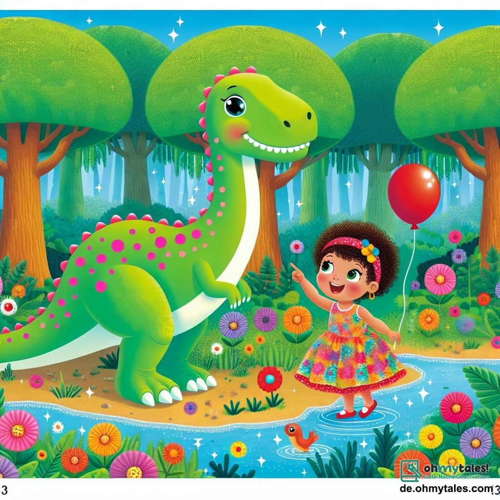 Une illustration sous forme de dessin destinée aux enfants représentant une forêt préhistorique luxuriante, avec de grands arbres verts et des fleurs colorées, où une petite fille de 3 ans aux cheveux bouclés et aux yeux pétillants, souriante et vêtue d'une robe colorée, se tient aux côtés d'un grand dinosaure vert au long cou, qui semble amical, tandis qu'ils cherchent ensemble un ballon rouge perdu près d'un ruisseau scintillant, illustrant l'aventure magique d'un voyage dans le temps.