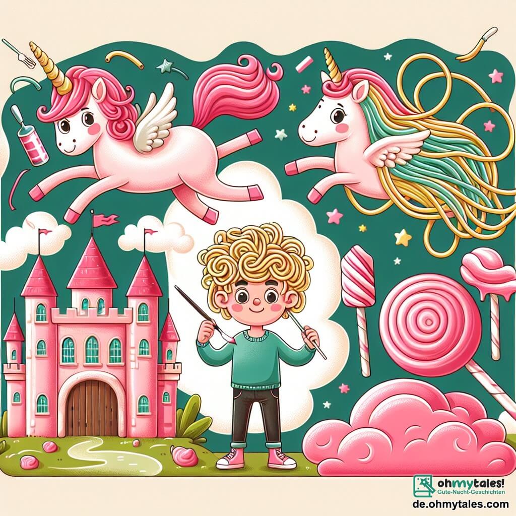Une illustration destinée aux enfants représentant un garçon aux cheveux en forme de spaghettis, une licorne volante rose à pois verts et un château en bonbons aux murs en barbe à papa se déroulant dans la vallée enchantée de Sucrétincelle.