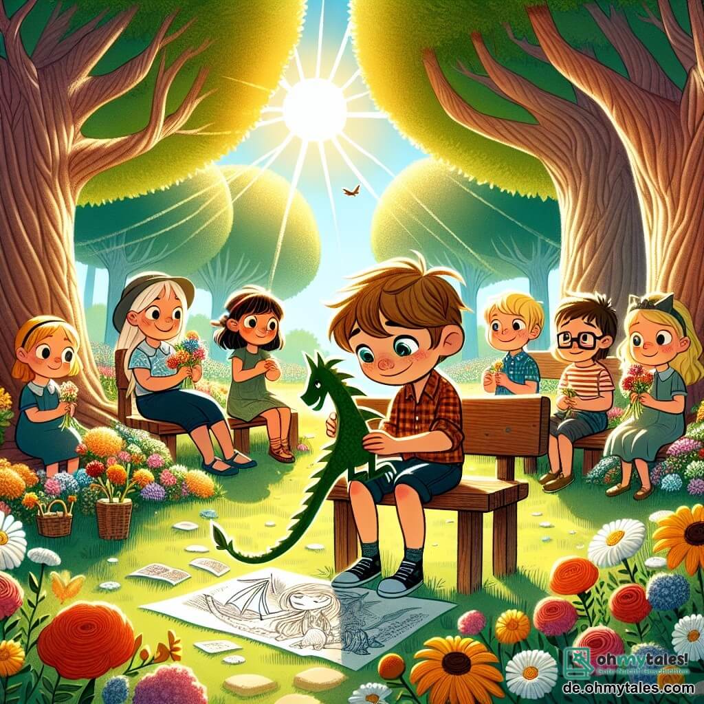 Une illustration sous forme de dessin destinée aux enfants représentant un parc ensoleillé avec des fleurs colorées et de grands arbres, où un garçon de 5 ans aux cheveux bruns et aux yeux pétillants, assis sur un banc, tient un dragon en papier qu'il a fabriqué, tandis qu'autour de lui, d'autres enfants, dont une fille aux cheveux blonds et une autre garçon aux lunettes, se rassemblent avec des fleurs à la main, partageant des souvenirs d'un ami cher qui n'est plus là, créant une atmosphère à la fois mélancolique et pleine d'espoir.