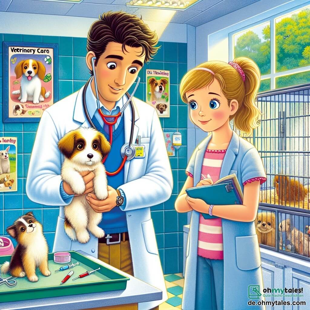 Illustration einer hellen und einladenden Tierklinik mit Wänden in Pastellfarben und Pflegeplakaten für Tiere. In der Mitte untersucht ein etwa 30-jähriger Mann mit zerzausten braunen Haaren und einem weißen Kittel aufmerksam einen kleinen Hund mit glänzenden Augen und zerzaustem Fell. Neben ihm steht eine etwa 25-jährige Frau mit zu einem Pferdeschwanz gebundenen blonden Haaren und einem warmen Lächeln, die ein Notizbuch hält und Notizen macht, während sie die Szene interessiert beobachtet. Im Hintergrund beherbergen transparente Käfige weitere Tiere, während ein Fenster Sonnenlicht hereinlässt und den Raum erhellt. Die Hauptsituation zeigt den Mann, der dem Hund Pflege zukommen lässt, der etwas nervös, aber empfänglich wirkt, während die Frau das kleine Tier mit sanften Worten ermutigt. Spielzeuge für Tiere und grüne Pflanzen verleihen der Umgebung Leben und schaffen eine Atmosphäre von Mitgefühl und Fürsorge.