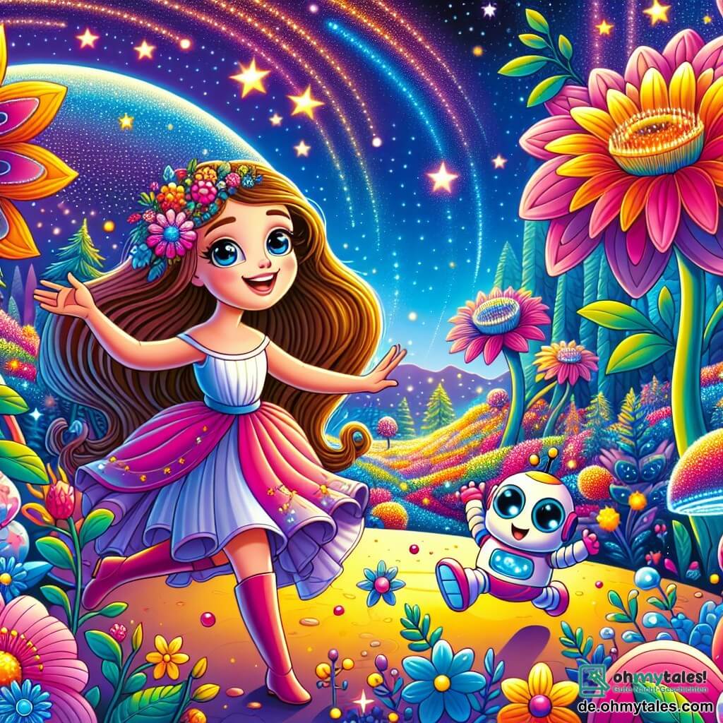 Une illustration sous forme de dessin destinée aux enfants représentant un paysage coloré d'un planète extraterrestre avec des fleurs géantes aux couleurs vives, où une femme aux longs cheveux bruns et au sourire éclatant danse joyeusement sous un ciel étoilé, accompagnée de son petit robot aux grands yeux lumineux qui saute de joie à ses côtés, tandis qu'ils explorent ensemble ce monde magique et découvrent la beauté des étoiles scintillantes au-dessus d'eux.