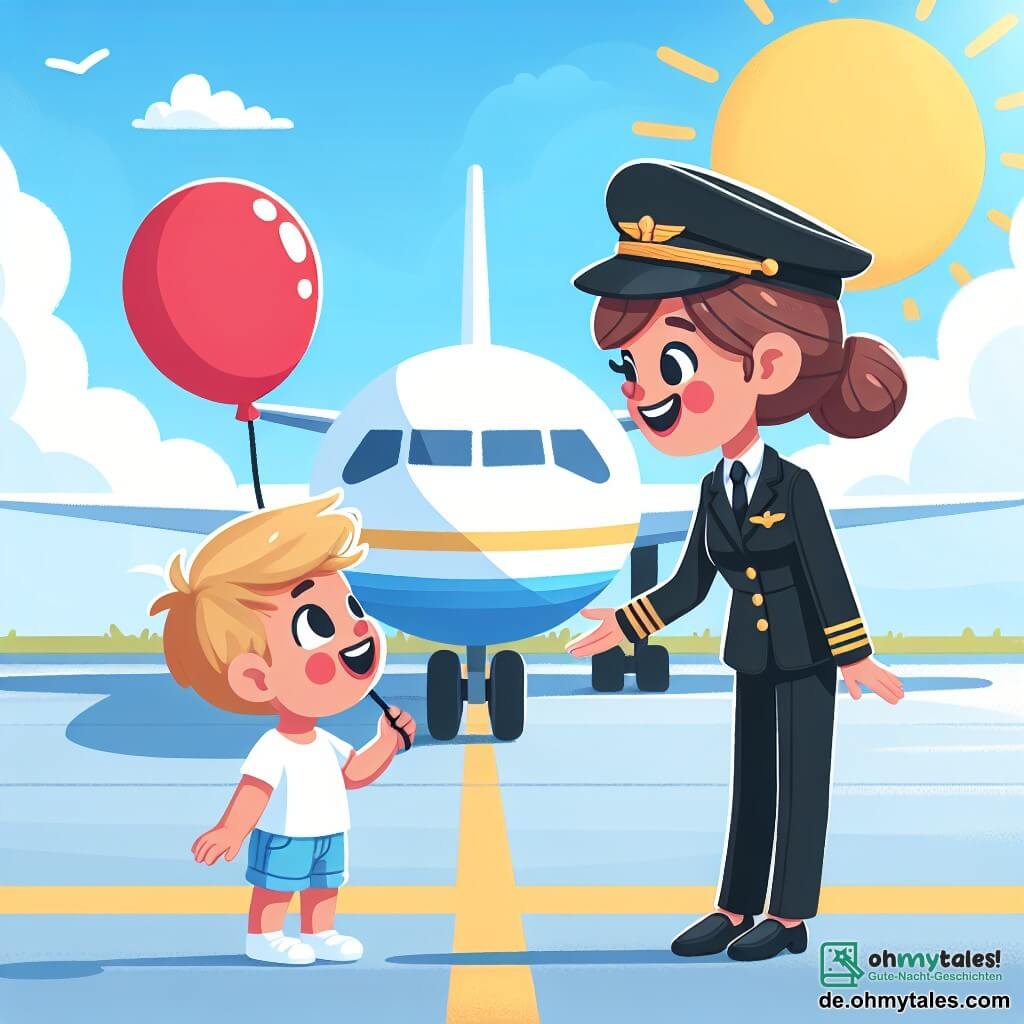 Une illustration sous forme de dessin destinée aux enfants représentant un aéroport ensoleillé avec un grand avion blanc aux couleurs vives en arrière-plan, une femme pilote souriante aux cheveux bruns attachés en chignon, portant une tenue de pilote avec une casquette, discutant joyeusement avec un petit garçon aux yeux brillants et aux cheveux blonds, tenant un ballon rouge, alors qu'ils parlent de l'aventure de voler dans les nuages et de réaliser des rêves d'enfance.