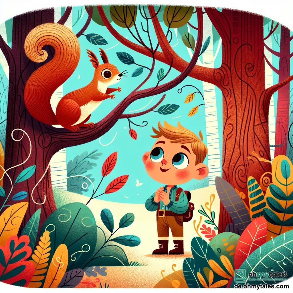 Une illustration destinée aux enfants représentant un garçon curieux, une rencontre magique avec un écureuil espiègle, dans une forêt enchantée aux arbres aux couleurs flamboyantes et aux feuilles qui dansent au gré du vent.