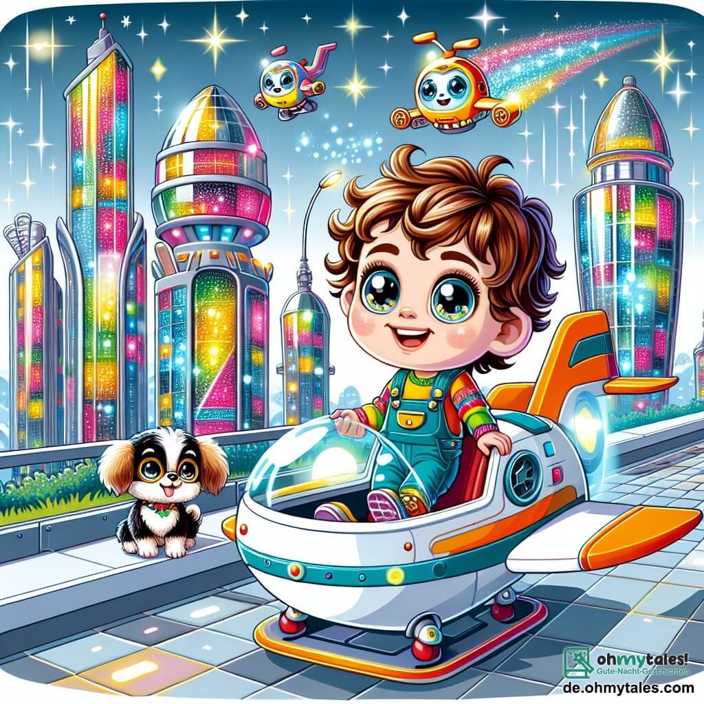 Une illustration sous forme de dessin destinée aux enfants représentant une ville futuriste étincelante avec des bâtiments en verre coloré et des voitures volantes dans le ciel, où un garçon de 3 ans aux grands yeux curieux et aux cheveux bouclés, vêtu de vêtements vifs, se tient joyeusement dans un cockpit de machine volante, prêt à décoller, tandis qu'un petit robot amical aux couleurs vives et aux yeux lumineux, flottant à ses côtés, l'encourage avec enthousiasme, et un petit chien aux poils soyeux, sauvé d'un toit, les regarde avec gratitude, capturant l'esprit d'aventure et d'amitié de cette scène magique.