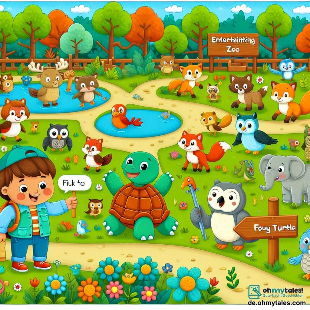 Une illustration destinée aux enfants représentant une tortue garçon qui découvre un zoo plein d'animaux amusants, accompagné de ses amis, un renard garçon et une chouette fille, dans un parc coloré avec des arbres, des fleurs et des pancartes indiquant les différents enclos.