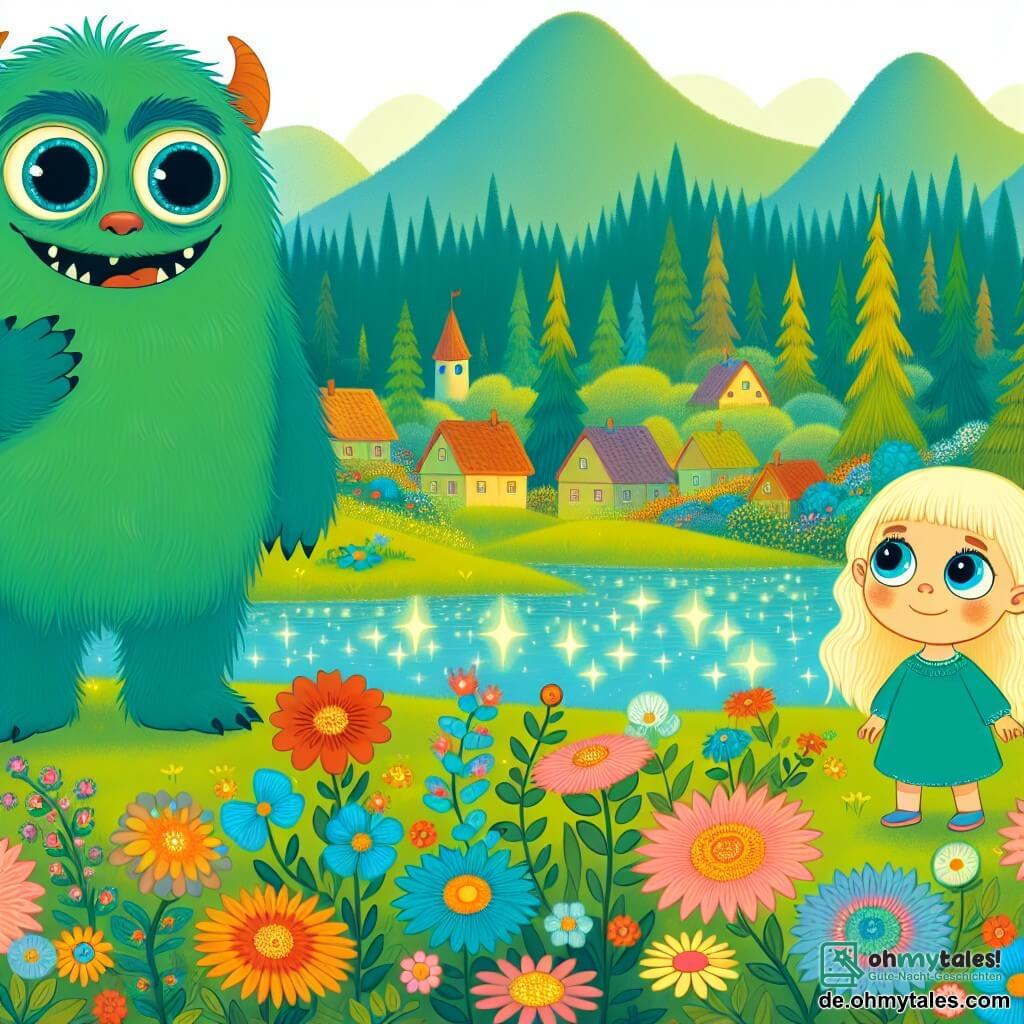 Une illustration destinée aux enfants représentant un monstre gentil aux grands yeux ronds et au corps vert flauschig, une fille curieuse, et un village entouré d'un dense forêt magique aux fleurs colorées et aux lacs scintillants.