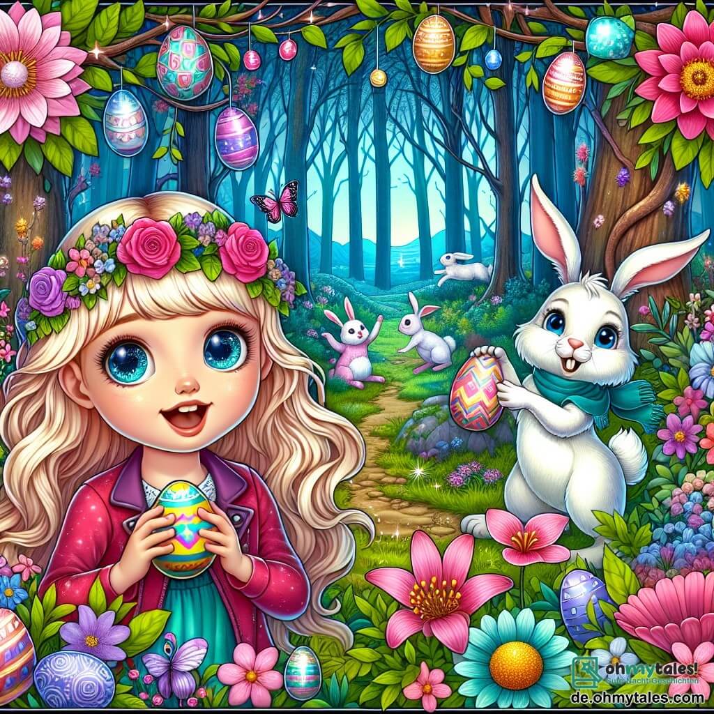 Une illustration destinée aux enfants représentant une fille aux grands yeux pétillants, accompagnée d'un lapin blanc parlant, explorant un mystérieux bois enchanté rempli de fleurs colorées et de créatures magiques lors de la chasse aux œufs de Pâques.