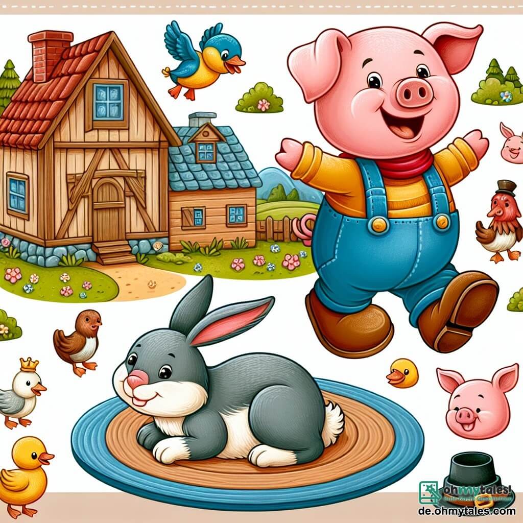 Une illustration destinée aux enfants représentant un petit cochon malicieux en train de jouer des tours à son ami lapin dans un charmant village animalier, où tous les habitants, y compris une joyeuse petite cane, vivent en harmonie.