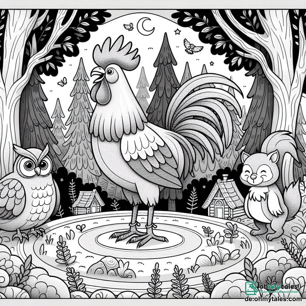 Une illustration destinée aux enfants représentant un coq courageux se dressant fièrement au milieu d'une clairière enchantée, accompagné d'une chouette sage et d'un écureuil espiègle, dans un petit village de la forêt où les arbres dansent au rythme du vent.