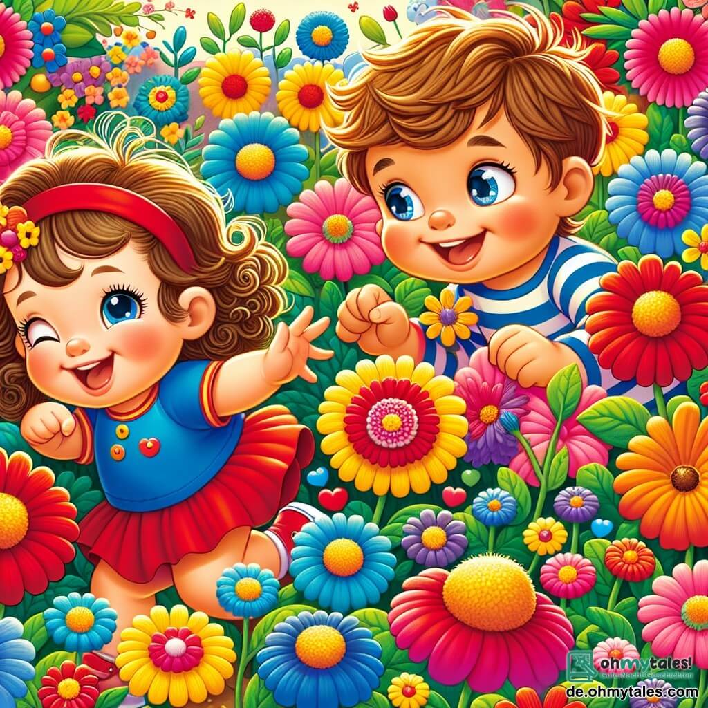 Une illustration sous forme de dessin destinée aux enfants représentant un jardin coloré, rempli de fleurs éclatantes dans des teintes de rouge, jaune et bleu, où une petite fille d'environ un an, avec des cheveux bouclés et un sourire radieux, danse joyeusement parmi les fleurs, tandis qu'un garçon aux cheveux bruns et aux yeux pétillants, vêtu d'un t-shirt rayé, l'observe en riant, capturant ainsi un moment de bonheur partagé et de découverte, symbolisant l'importance de l'amitié et du partage.
