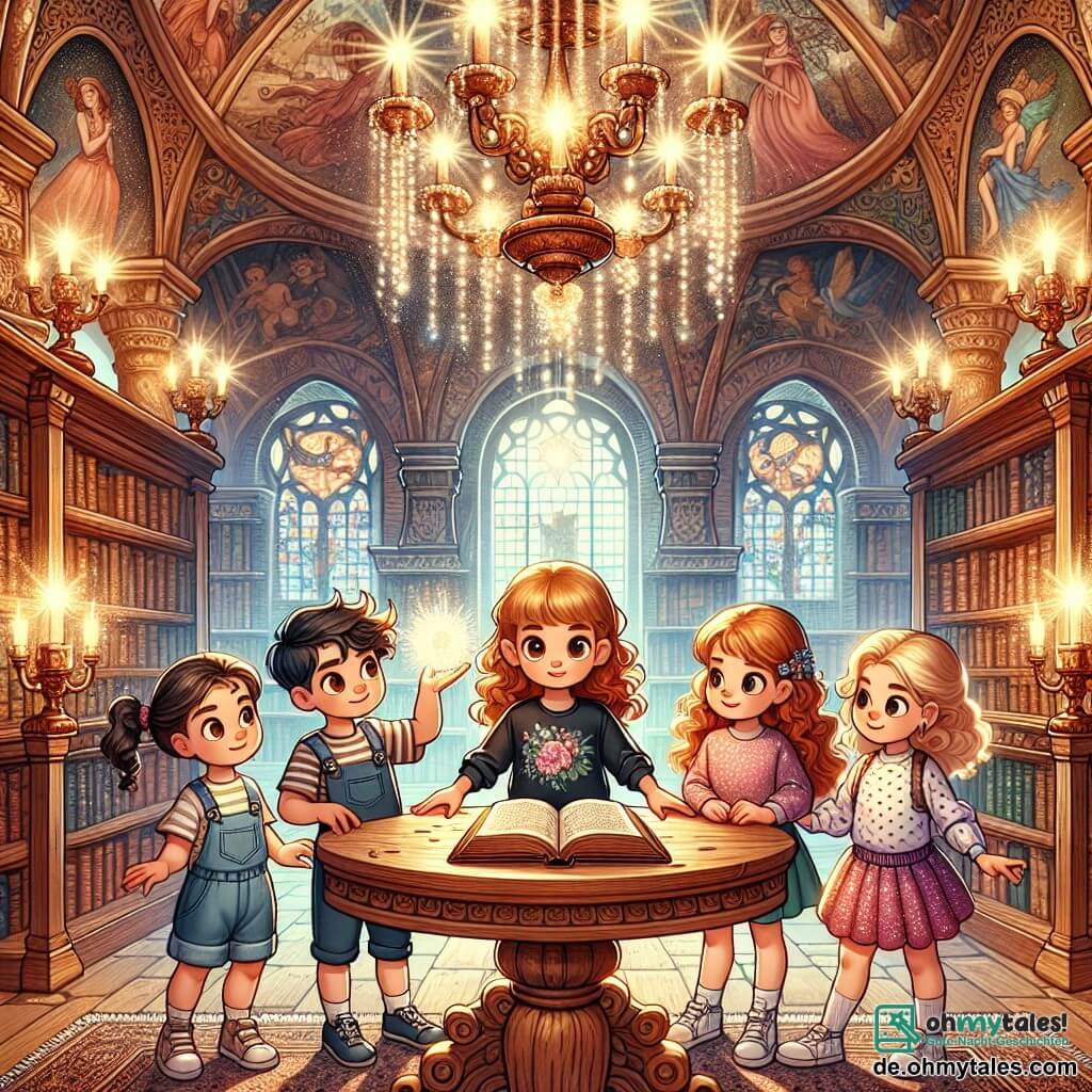 Illustration einer magischen Szene in einer alten Bibliothek eines Schlosses. Die Wände sind mit wunderschönen, verblassten Fresken geschmückt, und massive Holzregale sind mit staubigen Büchern gefüllt. In der Mitte steht ein großer Eichentisch, umgeben von funkelnden Kerzenhaltern, die goldenes Licht auf die Gesichter der Kinder werfen. Vier kleine Abenteurerinnen, alle acht Jahre alt, sind anwesend. Das erste Mädchen hat braune Haare, trägt ein buntes Kleid mit Blumenmustern und hält ein großes, aufgeschlagenes Buch, mit leuchtenden Augen voller Aufregung. Das zweite Mädchen hat blonde Zöpfe, trägt ein gestreiftes T-Shirt und Shorts und zeigt mit dem Finger auf einen magischen Spiegel an der Wand. Die dritte hat lockige rote Haare, trägt eine Latzhose und lächelt, während sie eine alte Lupe hält. Das vierte Mädchen hat schwarze Haare, trägt ein gepunktetes Kleid und schaut fasziniert auf eine Tasche voller funkelnder Schätze. Die Hauptsituation zeigt die Kinder, die ein altes Märchenbuch entdecken, umgeben von Schätzen und Geheimnissen, während magische Lichtblitze die Szene erhellen. Funkelnde Sterne schweben um sie herum, und Schatten fantastischer Figuren tanzen an den Wänden und verleihen diesem Abenteuer einen Hauch von Zauber.