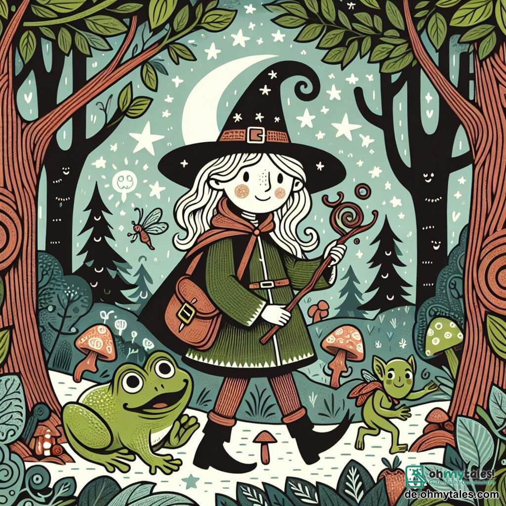 Une illustration destinée aux enfants représentant une jeune apprentie sorcière espiègle, accompagnée d'un joyeux zauberfrosch, explorant un mystérieux bois enchanté, où les arbres chantent et les kobolds chatouillent.