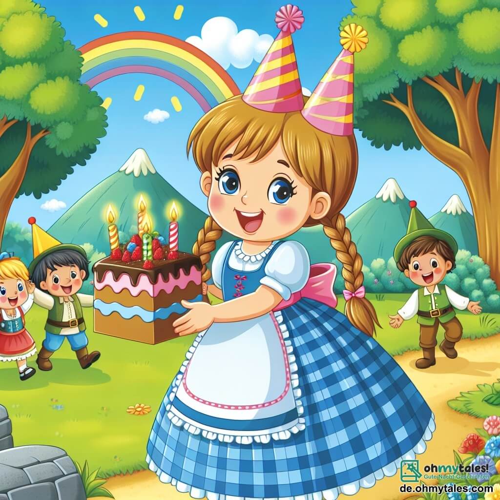 Une illustration destinée aux enfants représentant une jeune fille joyeuse fêtant son anniversaire avec ses amis lors d'une chasse au trésor dans la forêt enchantée de Sonnenblumendorf, sous un ciel bleu et ensoleillé.