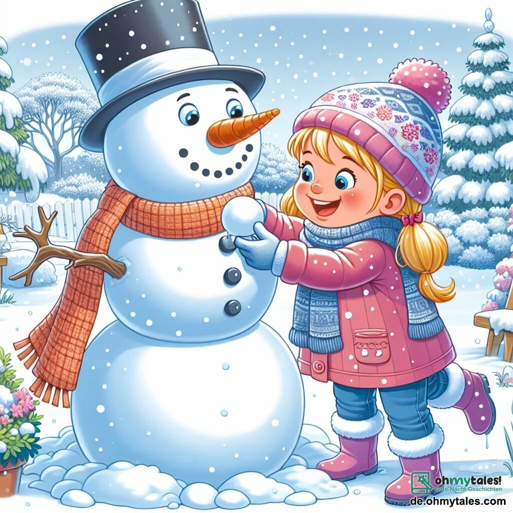 Une illustration destinée aux enfants représentant une fillette enthousiaste construisant un magnifique bonhomme de neige avec l'aide de sa mère dans un jardin enneigé de la petite ville de Rosenheim.