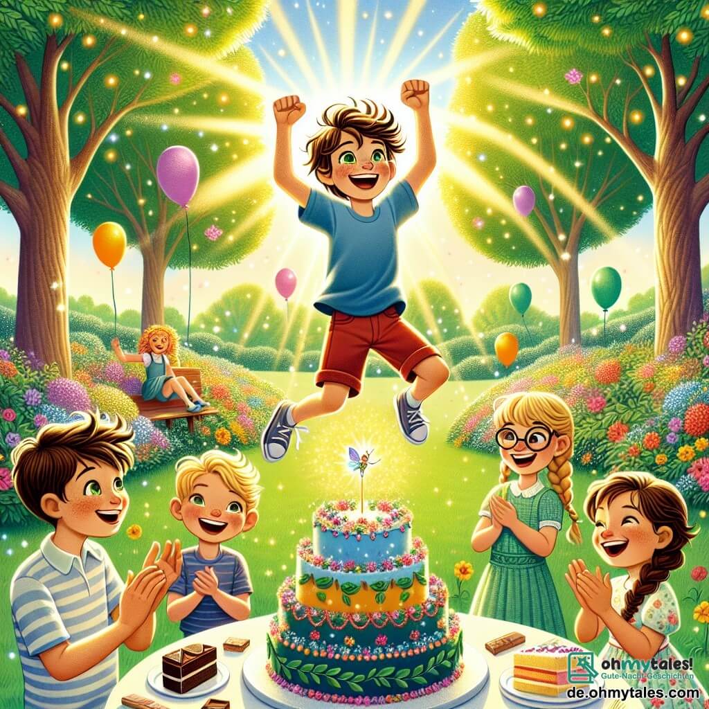 Illustration eines sonnigen Parks, gefüllt mit großen Bäumen mit leuchtend grünen Blättern und bunten Blumen, die im leichten Wind tanzen. In der Mitte springt ein 11-jähriger Junge mit zerzausten braunen Haaren und strahlenden Augen vor Freude, trägt ein blaues T-Shirt und rote Shorts. Er springt vor Freude mit erhobenen Armen in den Himmel, umgeben von seinen Freunden. Unter ihnen ein 10-jähriges Mädchen mit geflochtenen blonden Haaren und einem Blumenkleid, das lachend ein Stück Schokoladenkuchen hält, und ein 11-jähriger Junge mit Brille und gestreiftem T-Shirt, der begeistert applaudiert. Die Szene fängt die Aufregung eines magischen Geburtstags ein, mit einer großen bunten Torte auf einem Tisch, der mit Luftballons und Girlanden dekoriert ist, während eine kleine funkelnde Fee über ihnen schwebt und die Luft mit Sternenstaub erhellt. Das Lachen und die Freude sind spürbar und schaffen eine festliche und verzauberte Atmosphäre.