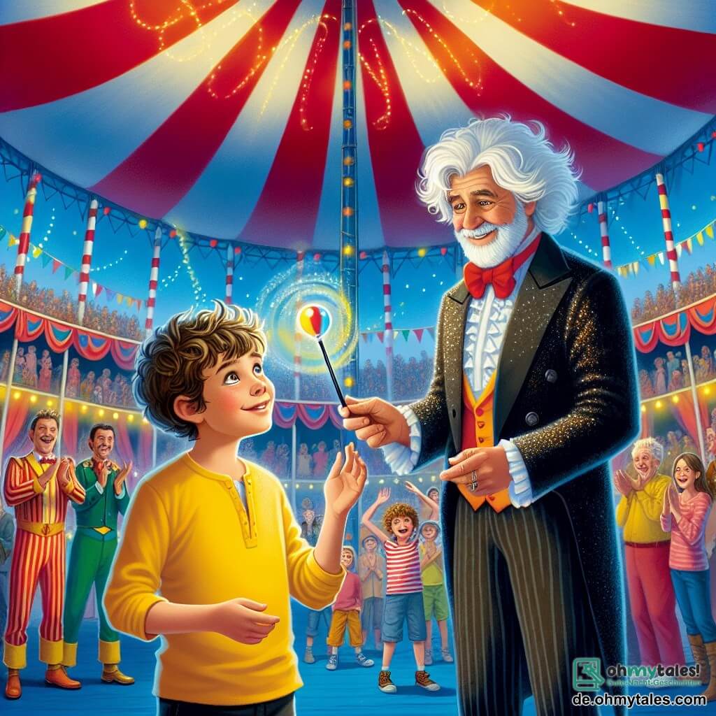 Illustration einer lebhaften Szene unter dem großen Zelt eines bunten Zirkus mit rot-weißen Streifen, die in den blauen Himmel ragen. In der Mitte steht ein 11-jähriger Junge mit zerzausten Haaren und funkelnden Augen, gekleidet in einem leuchtend gelben T-Shirt und einer schwarzen Hose. Er hält einen kleinen Zauberstab in der Hand, konzentriert und bereit, einen Zaubertrick vor einem erstaunten Publikum vorzuführen. Neben ihm steht ein etwa fünfzigjähriger Mann mit einem langen weißen Bart und einem schwarzen, glitzernden Zaubererkostüm, der den Jungen mit einem wohlwollenden Lächeln beobachtet. Er trägt einen Zylinder und hält einen Zauberstab, bereit, ihm bei seiner Darbietung zu helfen. Die Szene zeigt den Jungen, der einen bunten Ballon verschwinden lässt, während Kinder und Erwachsene im Publikum, deren Gesichter vor Staunen leuchten, klatschen und lachen. Im Hintergrund bereiten sich Jongleure und Akrobaten auf ihren Auftritt vor, was der Illustration eine dynamische und festliche Atmosphäre verleiht. Konfetti schwebt in der Luft, und ein großes Zirkusplakat mit funkelnden Lichtern steht am Eingang des Zeltes.