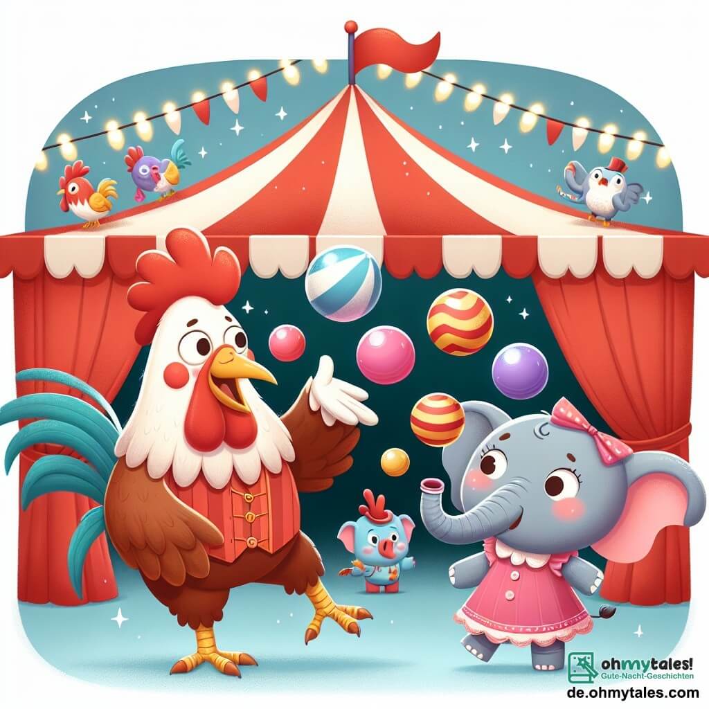 Une illustration destinée aux enfants représentant un coq joyeux et farceur jonglant avec des balles colorées sous le regard émerveillé d'une petite fille éléphante, dans une grande tente de cirque rouge et blanc décorée de fanions et de lumières scintillantes.