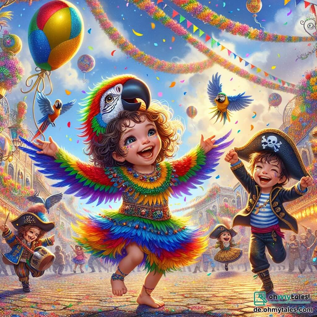 Illustration einer festlichen Szene auf dem zentralen Platz der bunten Insel Karnevalia, wo mehrfarbige Blumengirlanden in der Luft wehen und glänzende Ballons im Wind tanzen. In der Mitte dreht sich ein einjähriges Mädchen mit großen funkelnden Augen und lockigen Haaren in einem Papageienkostüm, geschmückt mit roten, gelben, blauen und grünen Federn. Sie dreht sich mit ausgebreiteten Armen und einem großen Lächeln im Gesicht, als wolle sie fliegen. Neben ihr lacht ein vierjähriger Junge, der als Pirat mit einem schwarzen Hut und einem Augenband verkleidet ist, fröhlich und ahmt die Bewegungen des Mädchens nach. Er hat zerzauste braune Haare und trägt ein gestreiftes Hemd. Die Szene strahlt Freude und Kameradschaft aus, mit tanzenden und spielenden Kindern, dröhnenden Trommeln im Hintergrund und bunten Konfetti, die vom Himmel fallen. Lächelnde Erwachsene stehen abseits und klatschen, während sie die Darbietung genießen.