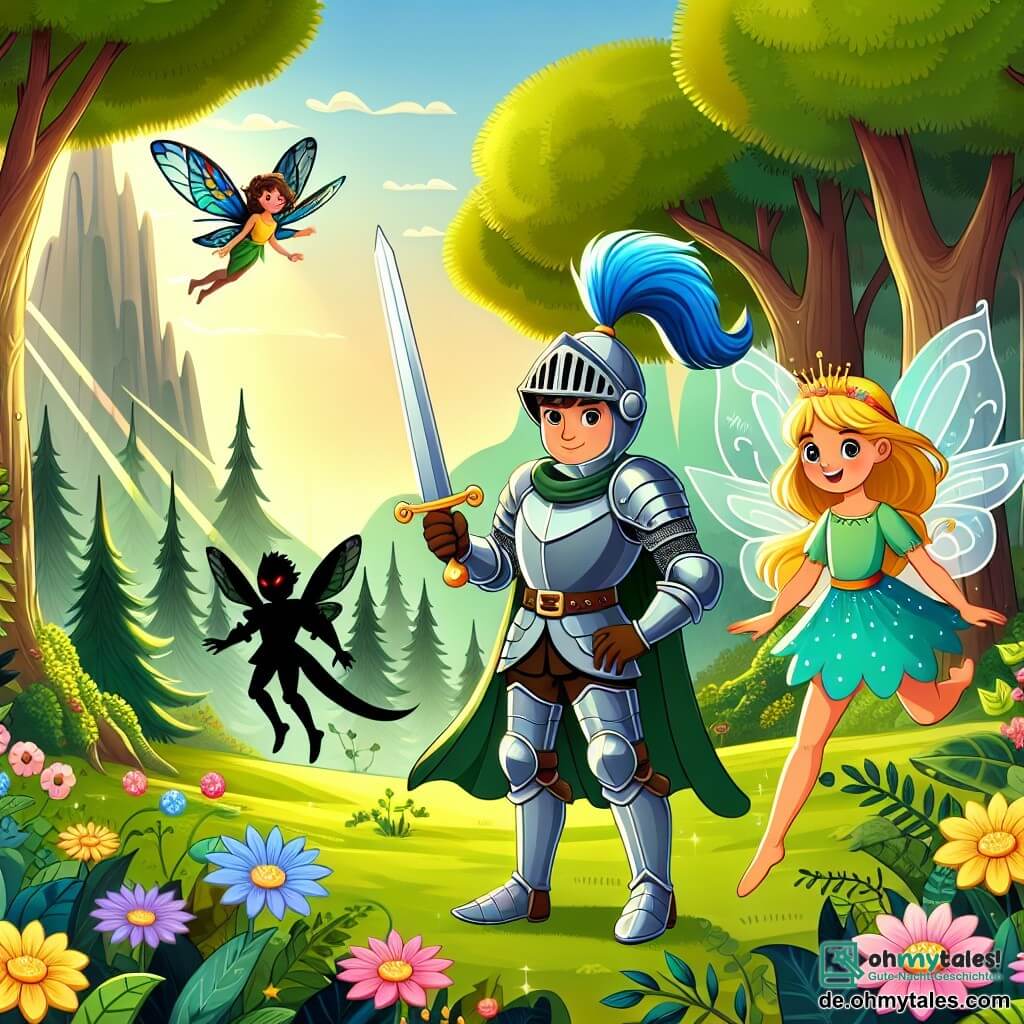 Une illustration sous forme de dessin destinée aux enfants représentant une magnifique forêt verdoyante avec des arbres majestueux et des fleurs colorées, où un chevalier courageux, un jeune homme en armure brillante avec un casque orné de plumes, brandit son épée avec détermination, tandis qu'à ses côtés, une petite fée lumineuse aux ailes scintillantes et aux cheveux dorés vole joyeusement, et ensemble, ils affrontent des ombres menaçantes qui se faufilent entre les arbres, symbolisant leur quête pour sauver le royaume d'une mystérieuse maladie.